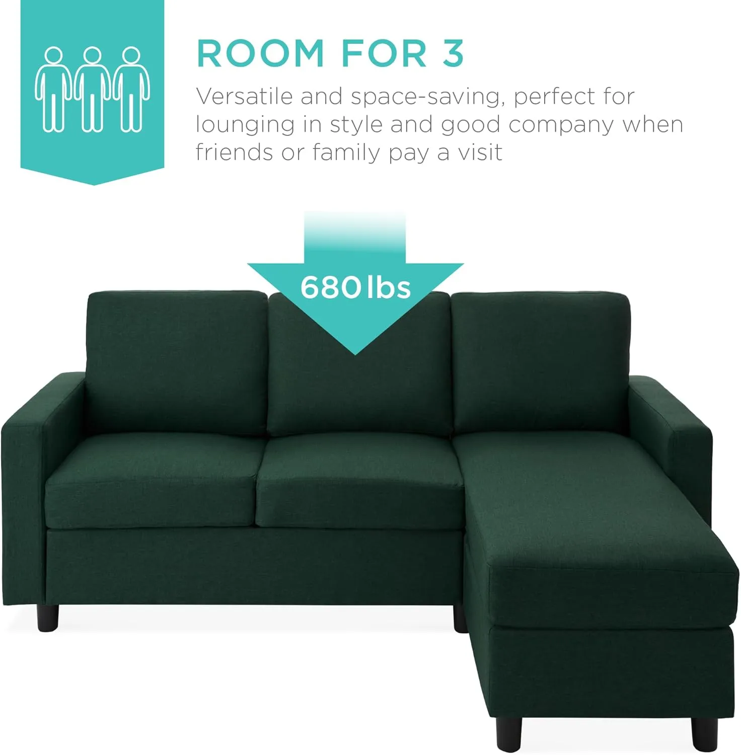 Best Choice Products Upholstered Sectional Sofa for Home, Apartment, Dorm, Bonus Room, Compact Spaces w/Chaise Lounge, 3-Seat, L-Shape Design, Reversible Ottoman Bench, 680lb Capacity - Dark Green