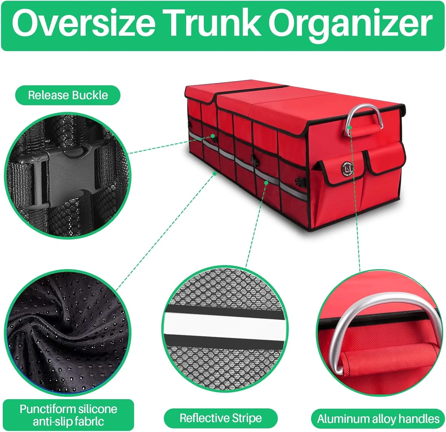 Big Car Trunk Organizer, Cargo Organizer SUV Trunk Storage Non Slip Bottom Waterproof Collapsible Durable Multi Compartments-(Oversize,Red)