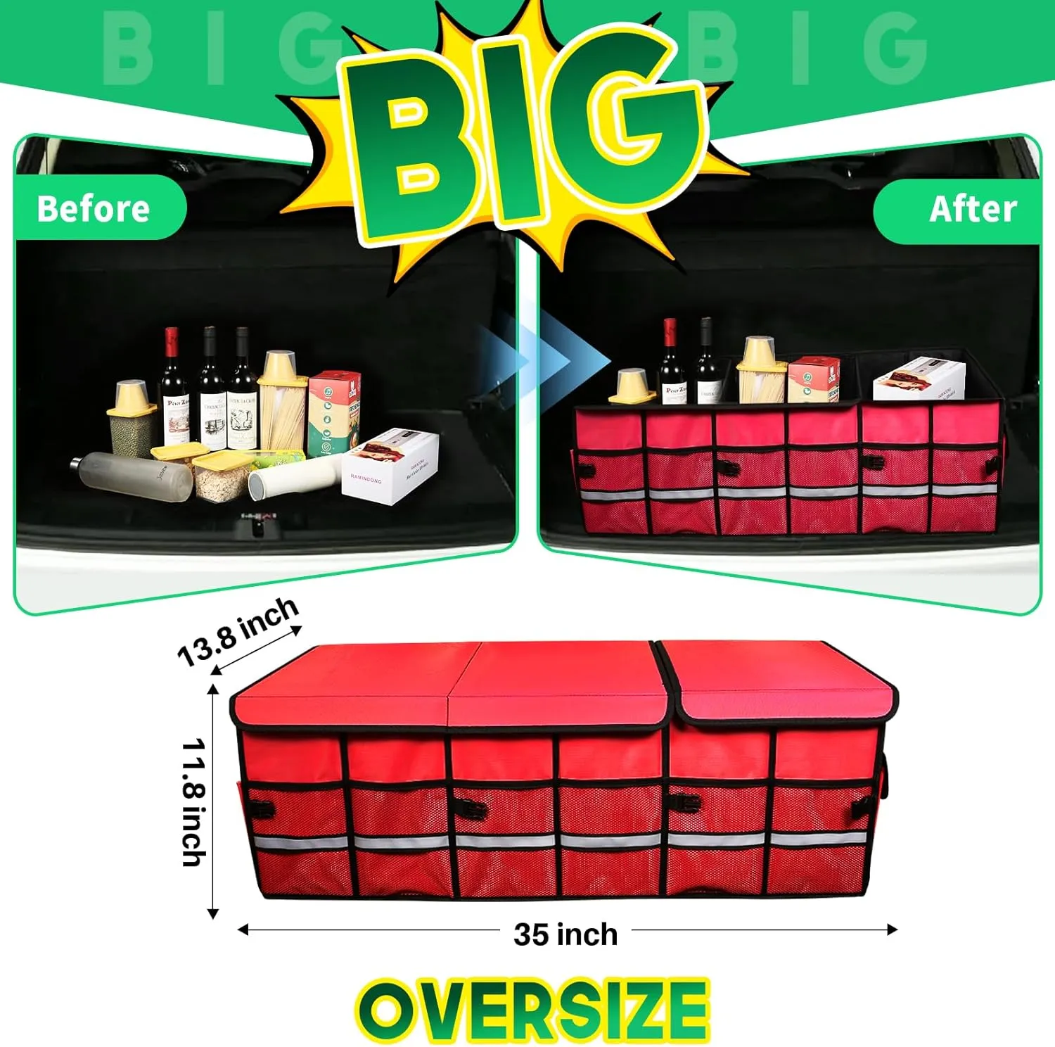 Big Car Trunk Organizer, Cargo Organizer SUV Trunk Storage Non Slip Bottom Waterproof Collapsible Durable Multi Compartments-(Oversize,Red)