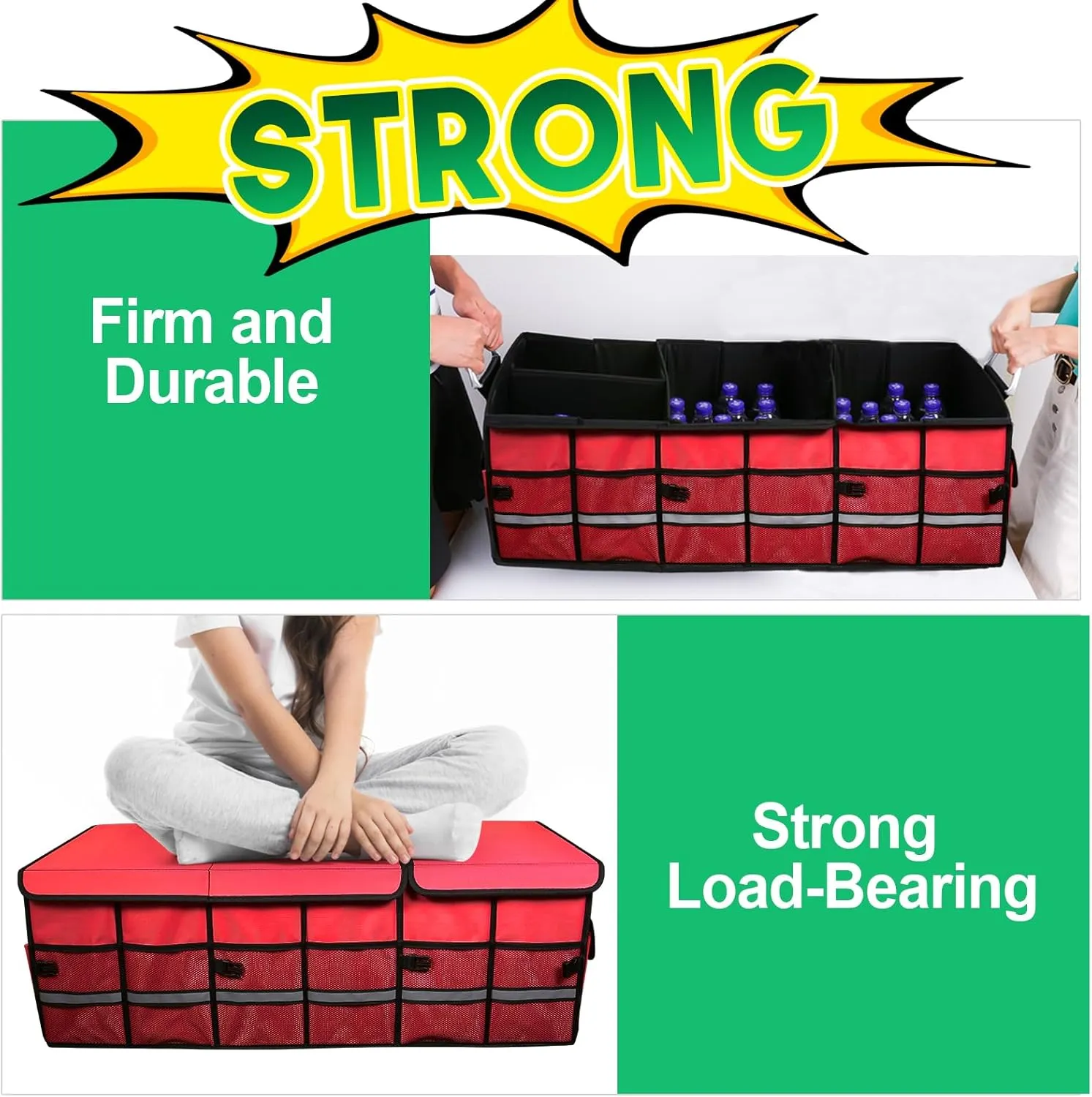 Big Car Trunk Organizer, Cargo Organizer SUV Trunk Storage Non Slip Bottom Waterproof Collapsible Durable Multi Compartments-(Oversize,Red)