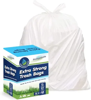 Biodegradable Trash Bags 13 Gallon 48 Count Heavy Duty White Bags with Handle Ties for Garbage in Kitchen, Yard, Lawn, Contractor, Janitorial or Office
