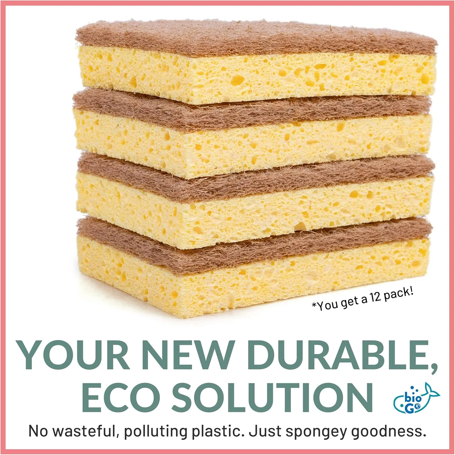 bioGo 12 Pack Biodegradable Kitchen Sponges - Eco-Friendly, Compostable, Natural Cellulose Dish - Compostable - Biodegradable - Cellulose Sponge