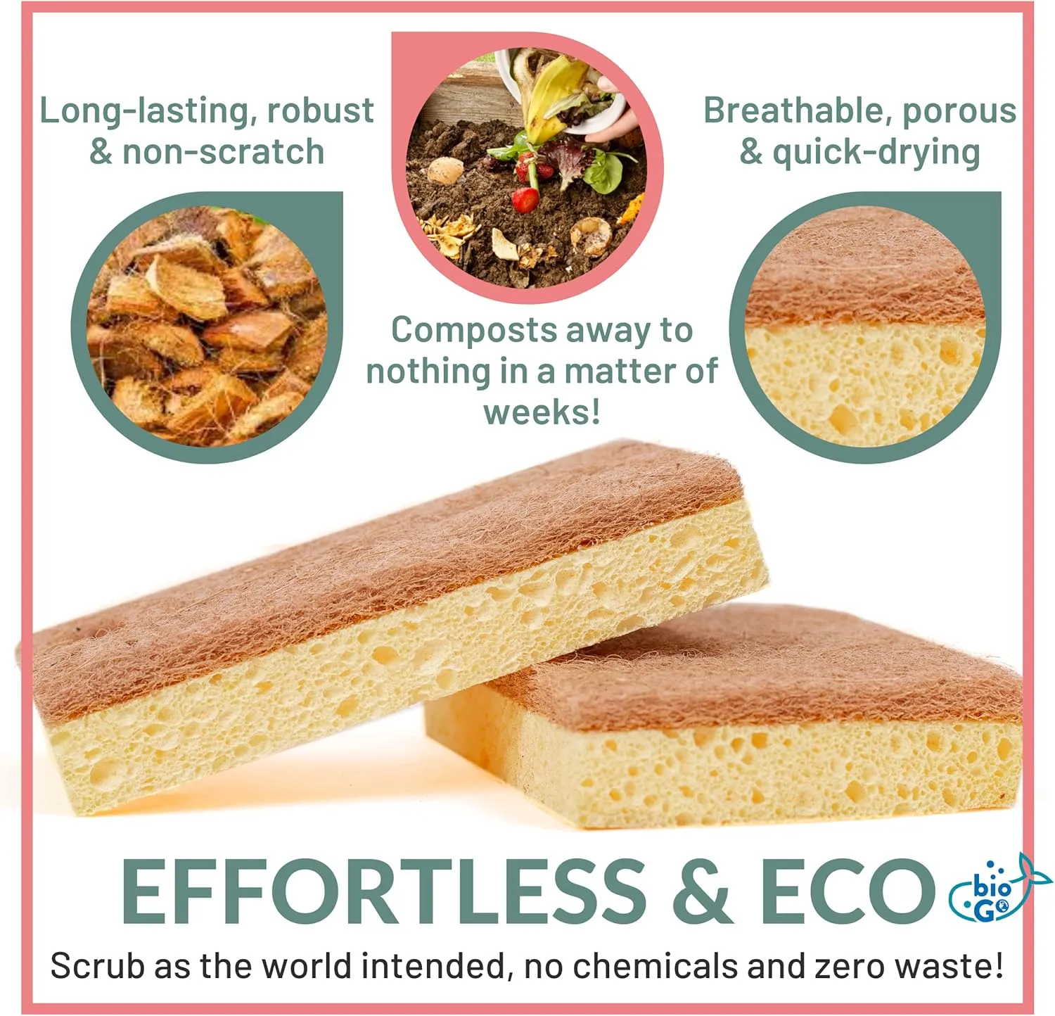 bioGo 12 Pack Biodegradable Kitchen Sponges - Eco-Friendly, Compostable, Natural Cellulose Dish - Compostable - Biodegradable - Cellulose Sponge