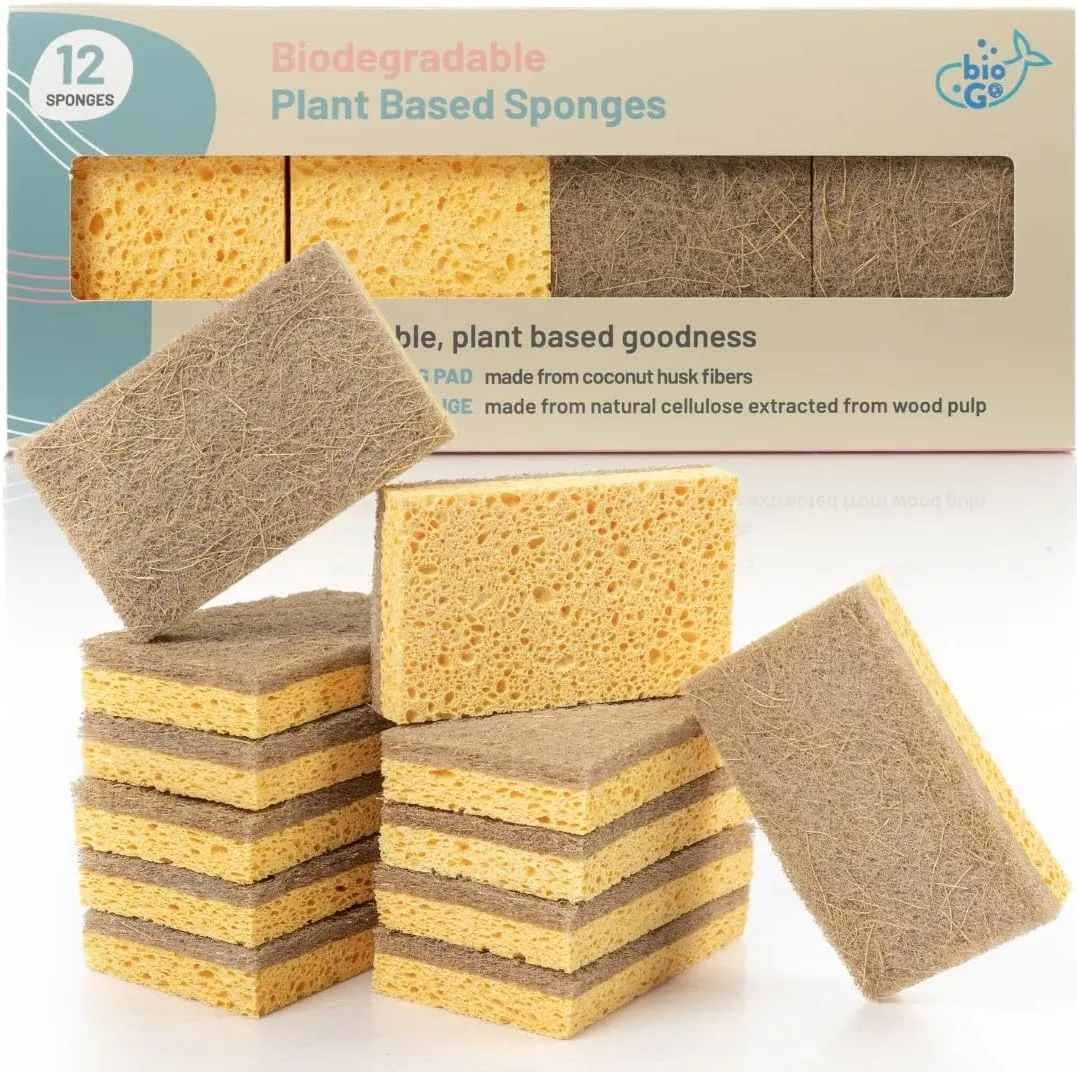 bioGo 12 Pack Biodegradable Kitchen Sponges - Eco-Friendly, Compostable, Natural Cellulose Dish - Compostable - Biodegradable - Cellulose Sponge