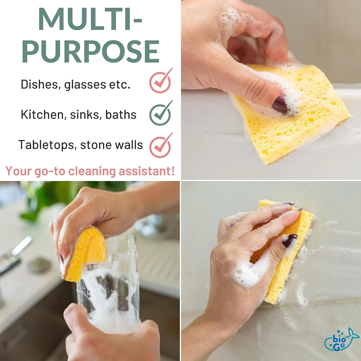 bioGo 12 Pack Biodegradable Kitchen Sponges - Eco-Friendly, Compostable, Natural Cellulose Dish - Compostable - Biodegradable - Cellulose Sponge