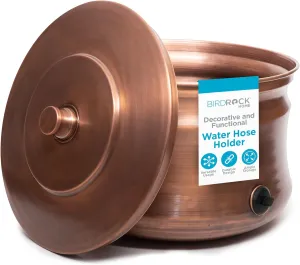 BIRDROCK HOME Water Hose Holder - Decorative Metal Pot, Indoor or Outdoor, Garden Storage Organizer, Patio Portable Bucket - Antique Copper, Holds up to 200ft Hoses, Large with Lid