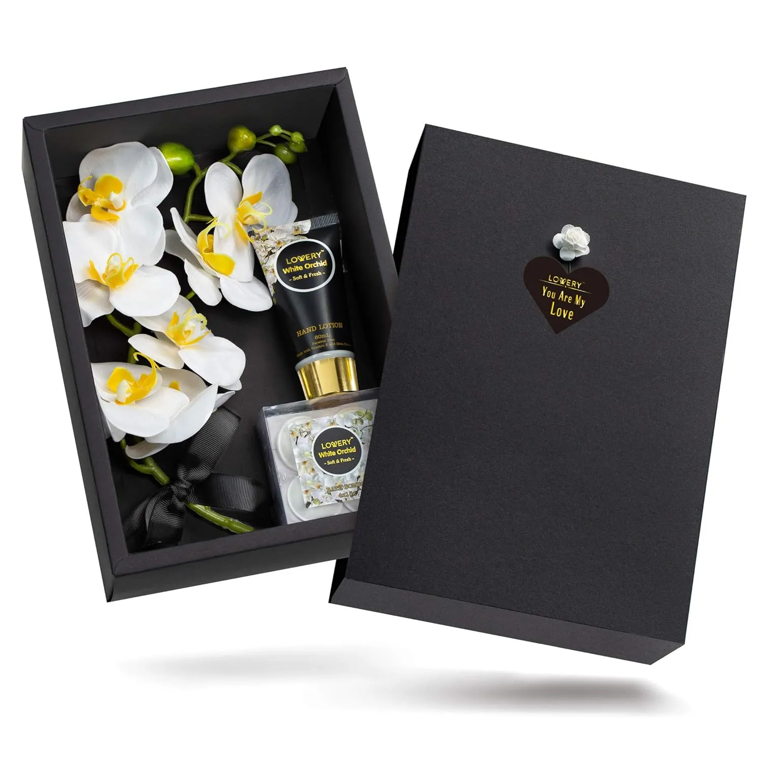 Birthday Gifts Home Spa Gift Baskets for Women - Bath and Body Gift Basket for Men – Birthday Gifts, Plant Essential Oil with Bouqet of White Orchid Soaps, Orchid Scented Hand Lotion & 4 Bath Bombs