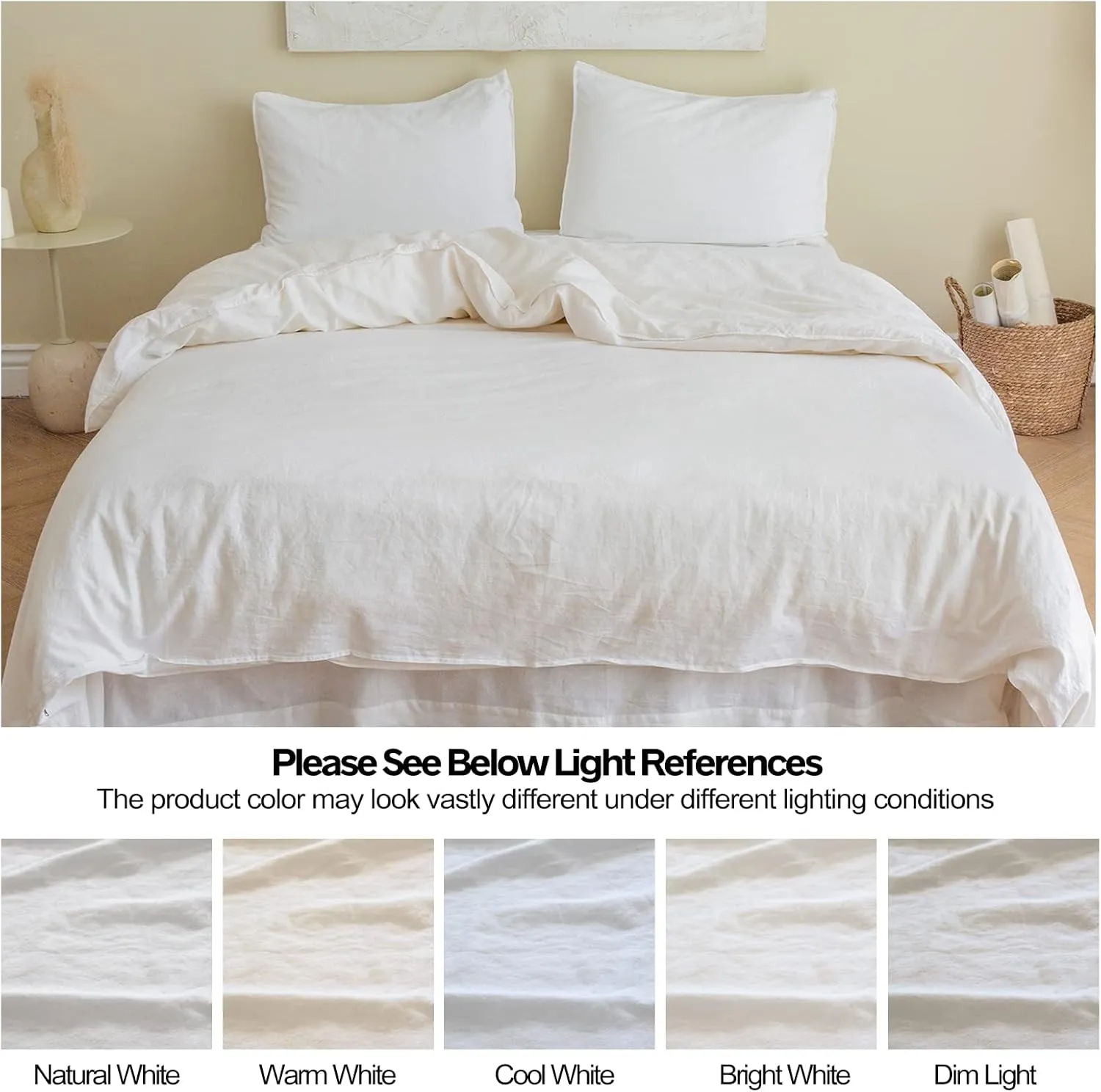 BISELINA French Linen Duvet Cover Set 3pcs with Hidden Zipper Closure Natural Flax Cotton Blend Solid Color Soft Breathable Luxury Farmhouse Bedding -Queen Size, White