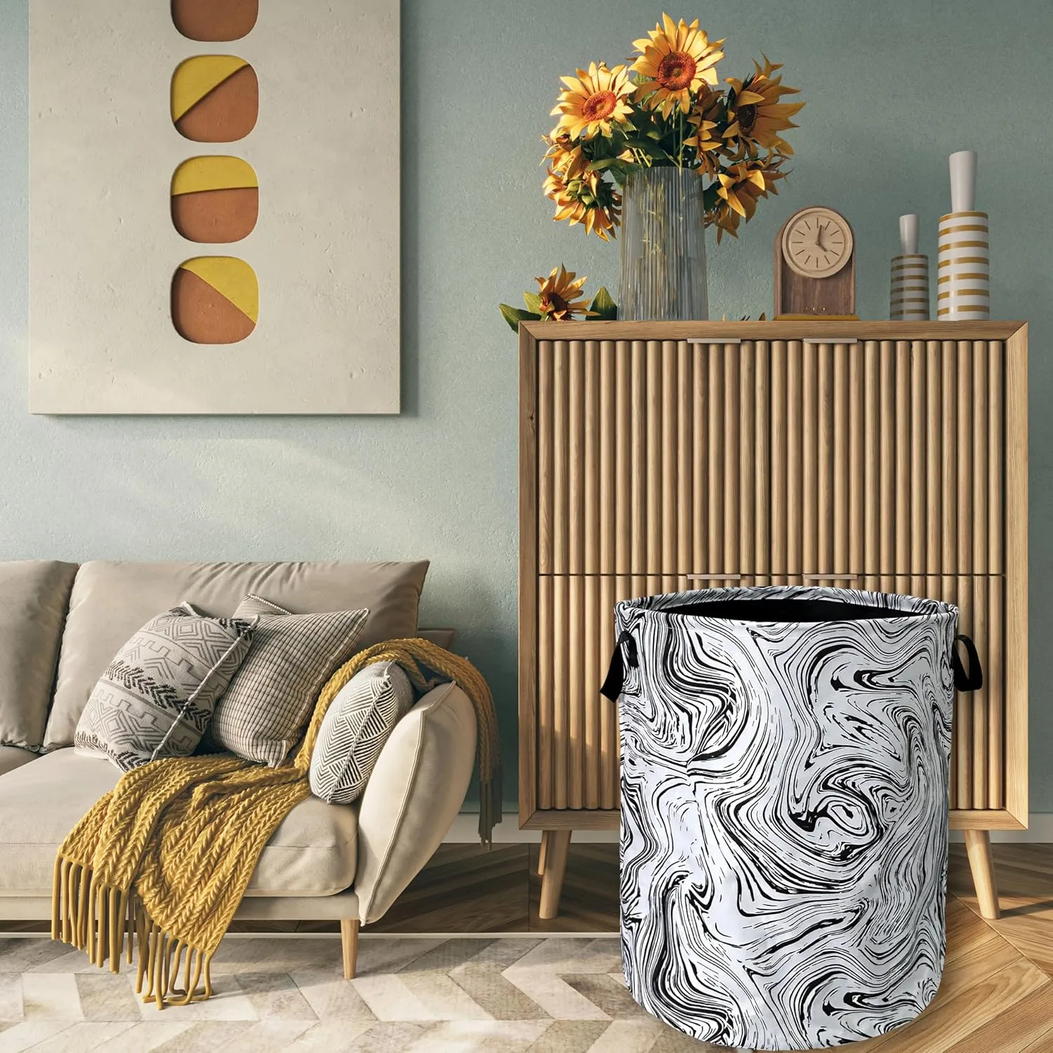 Black and White Marble Texture Laundry Basket Foldable With Handles Tote Bag Oxford Cloth Funny Laundry Hamper Clothes Storage Bucket Toy Organizer 18.9"x16.5"For Bathroom/Laundry/Bedroom