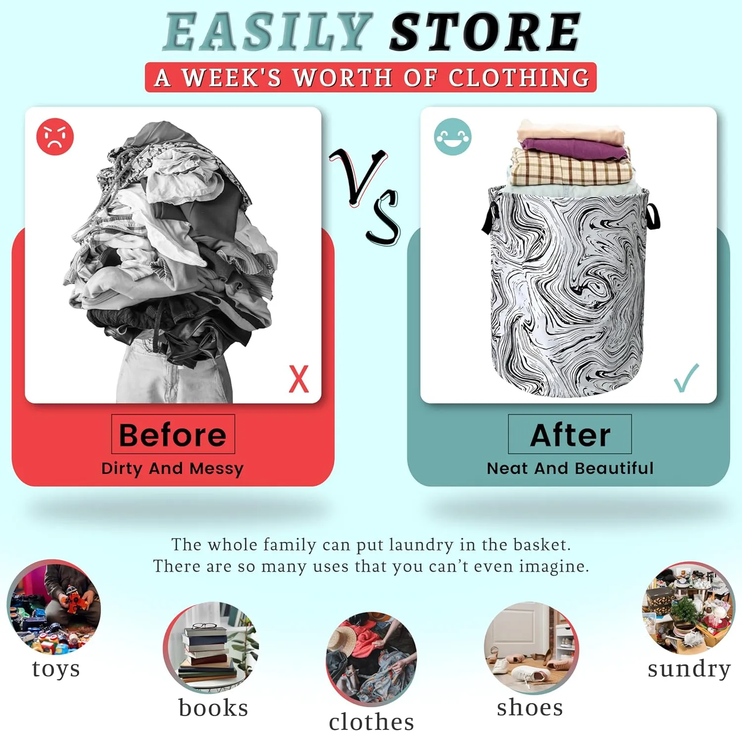 Black and White Marble Texture Laundry Basket Foldable With Handles Tote Bag Oxford Cloth Funny Laundry Hamper Clothes Storage Bucket Toy Organizer 18.9"x16.5"For Bathroom/Laundry/Bedroom