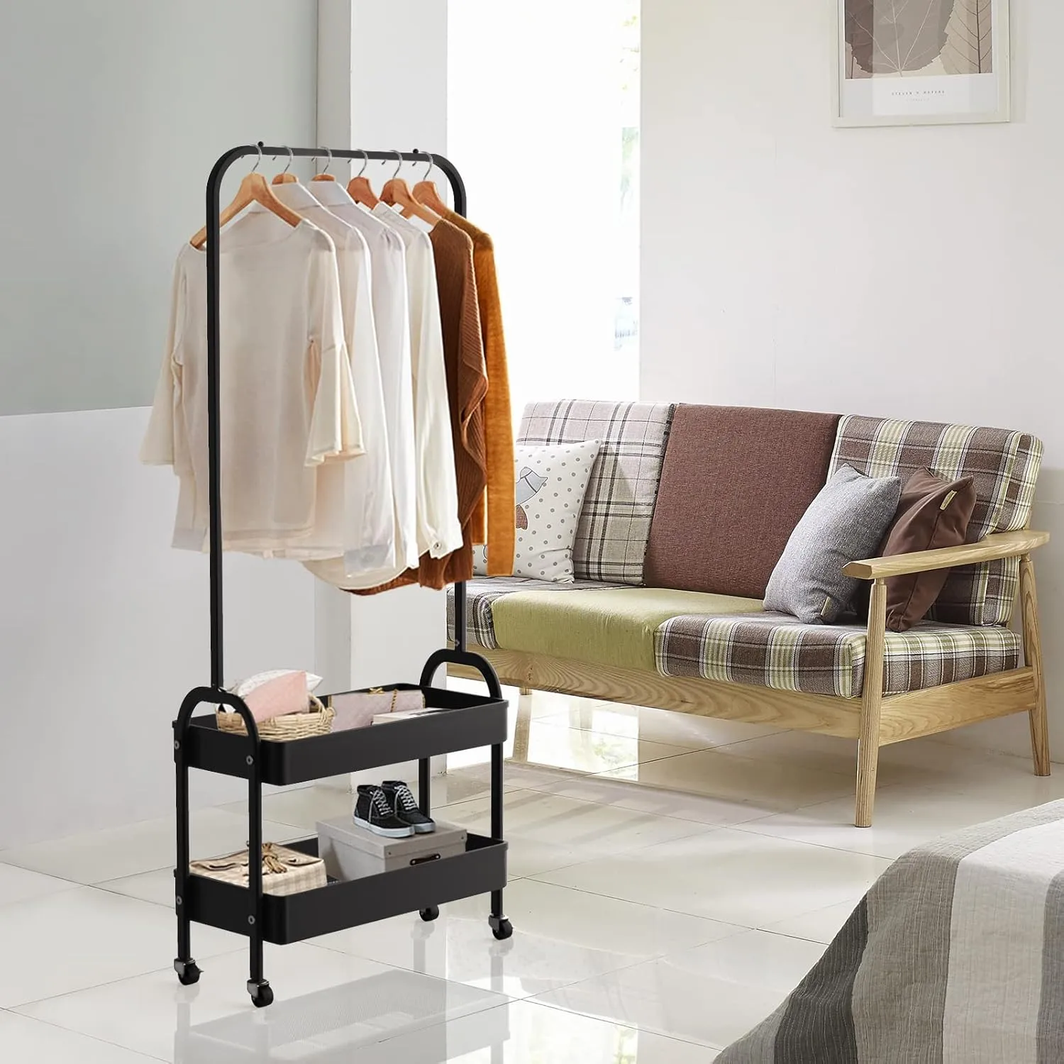 Black Clothing Rack - Portable Garment Organizer with 2 Tier Metal Baskets, Laundry Cart with Hanging Rack, Small Wardrobe on Wheels for Bedroom, Laundry and Entryway
