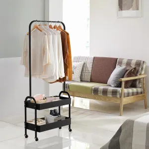 Black Clothing Rack - Portable Garment Organizer with 2 Tier Metal Baskets, Laundry Cart with Hanging Rack, Small Wardrobe on Wheels for Bedroom, Laundry and Entryway