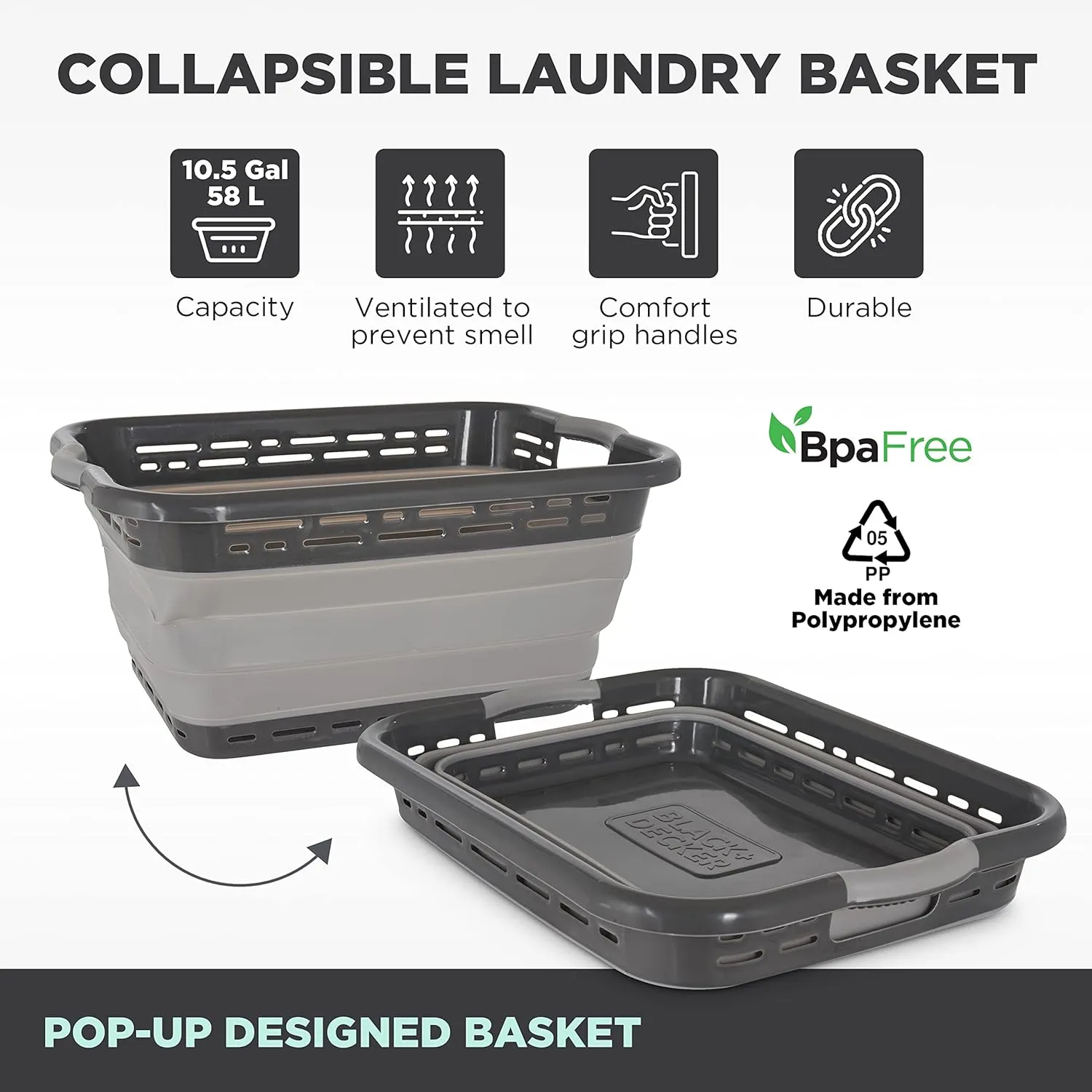 BLACK DECKER 1 Large 25" Slim Collapsible Laundry Basket - Portable & Space-Saving Basket with Dual Comfort Grip Handles - Ideal for Laundry, Towels, Blankets & More in Small Spaces & Travel, Black