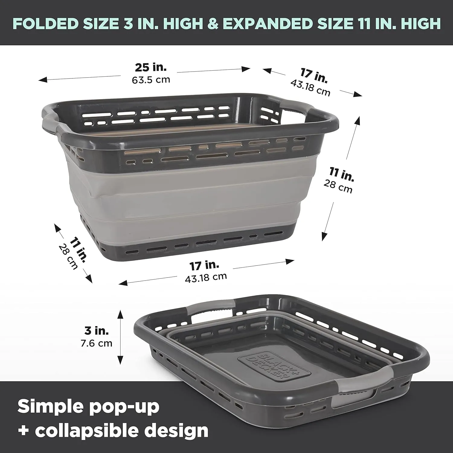 BLACK DECKER 1 Large 25" Slim Collapsible Laundry Basket - Portable & Space-Saving Basket with Dual Comfort Grip Handles - Ideal for Laundry, Towels, Blankets & More in Small Spaces & Travel, Black