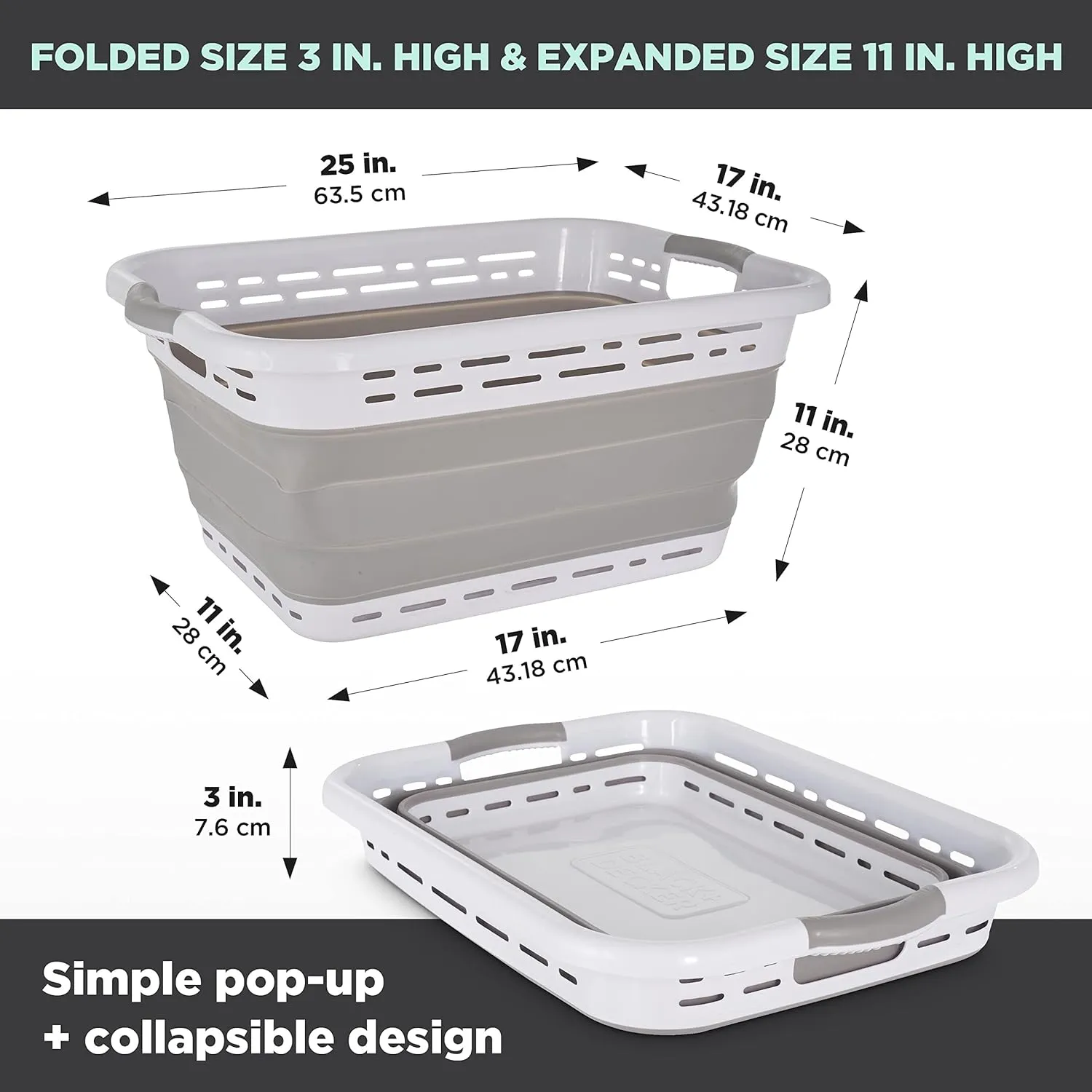 BLACK DECKER 1 Large 25" Slim Collapsible Laundry Basket - Portable & Space-Saving Basket with Dual Comfort Grip Handles - Ideal for Laundry, Towels, Blankets & More in Small Spaces & Travel, Grey
