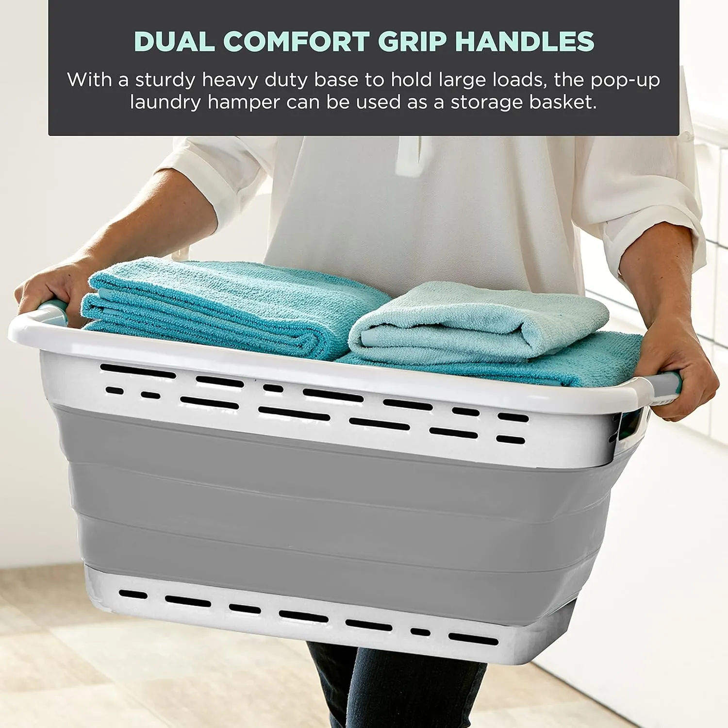 BLACK DECKER 1 Large 25" Slim Collapsible Laundry Basket - Portable & Space-Saving Basket with Dual Comfort Grip Handles - Ideal for Laundry, Towels, Blankets & More in Small Spaces & Travel, Grey