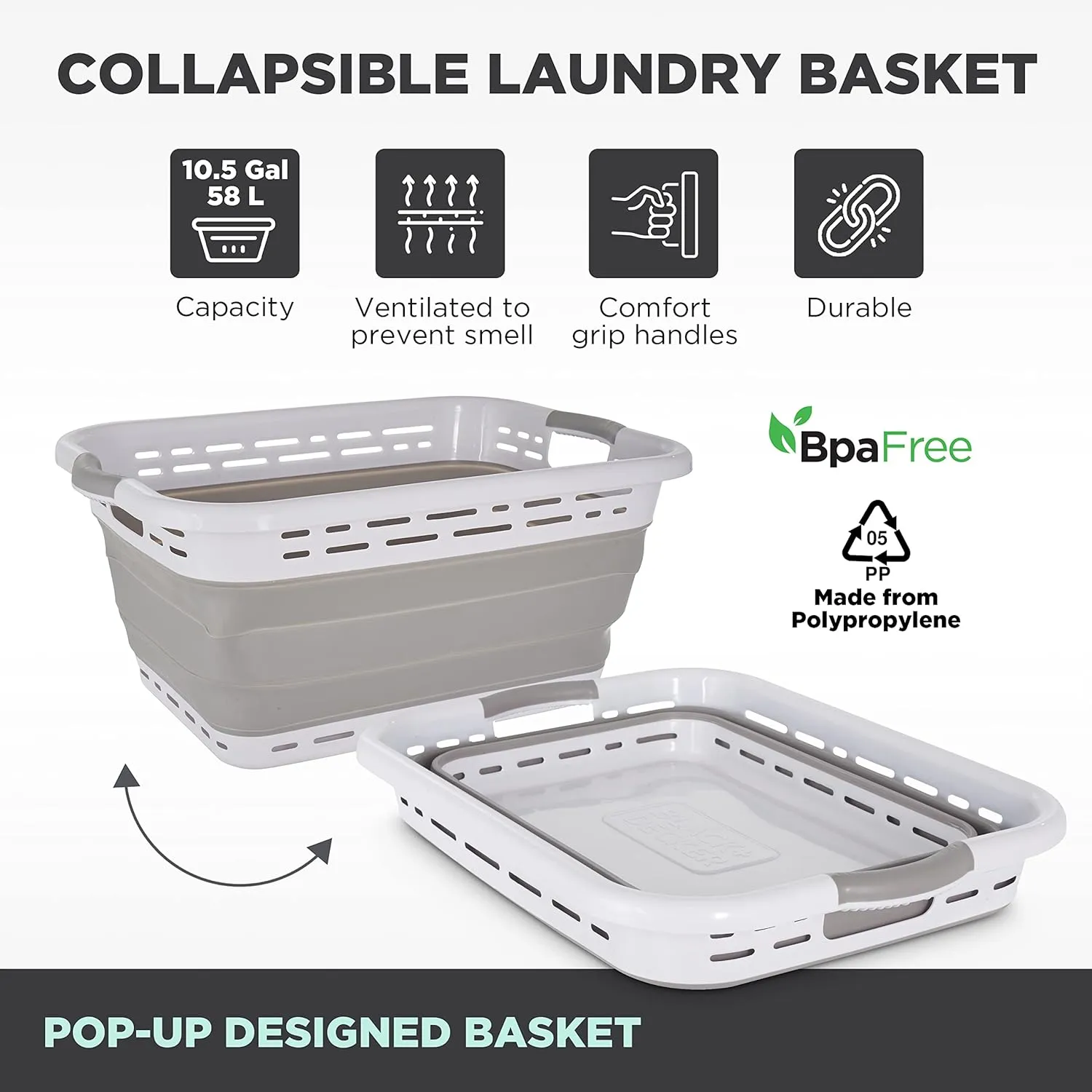 BLACK DECKER 1 Large 25" Slim Collapsible Laundry Basket - Portable & Space-Saving Basket with Dual Comfort Grip Handles - Ideal for Laundry, Towels, Blankets & More in Small Spaces & Travel, Grey