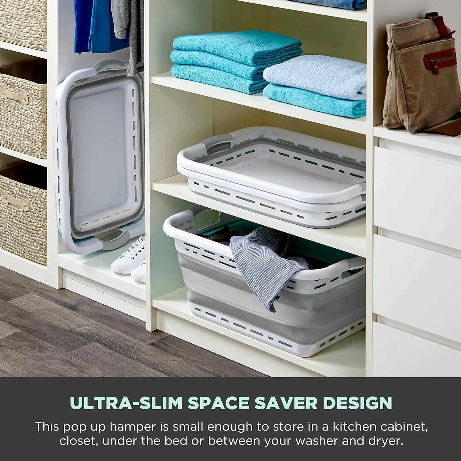 BLACK DECKER 1 Large 25" Slim Collapsible Laundry Basket - Portable & Space-Saving Basket with Dual Comfort Grip Handles - Ideal for Laundry, Towels, Blankets & More in Small Spaces & Travel, Grey