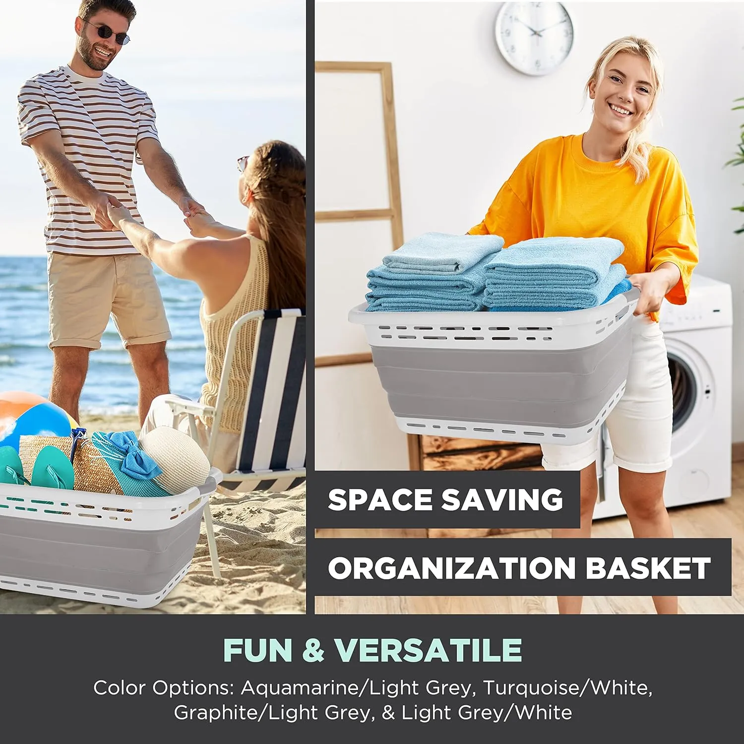 BLACK DECKER 1 Large 25" Slim Collapsible Laundry Basket - Portable & Space-Saving Basket with Dual Comfort Grip Handles - Ideal for Laundry, Towels, Blankets & More in Small Spaces & Travel, Grey