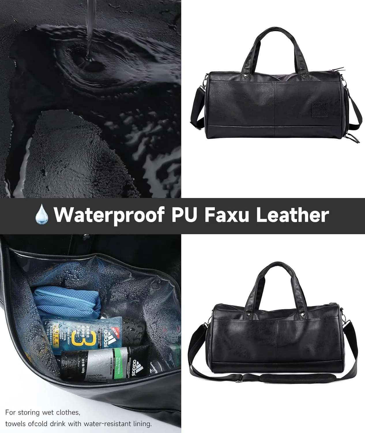 Black Leather Duffle Travel Gym Bag Men's leather Bag with Shoe Compartment for Sports with Adjustable Shoulder Strap, Weekender Travel Overnight Bag for Men Women Black