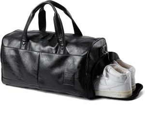 Black Leather Duffle Travel Gym Bag Men's leather Bag with Shoe Compartment for Sports with Adjustable Shoulder Strap, Weekender Travel Overnight Bag for Men Women Black