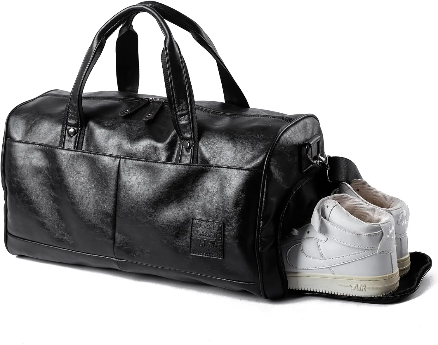 Black Leather Duffle Travel Gym Bag Men's leather Bag with Shoe Compartment for Sports with Adjustable Shoulder Strap, Weekender Travel Overnight Bag for Men Women Black