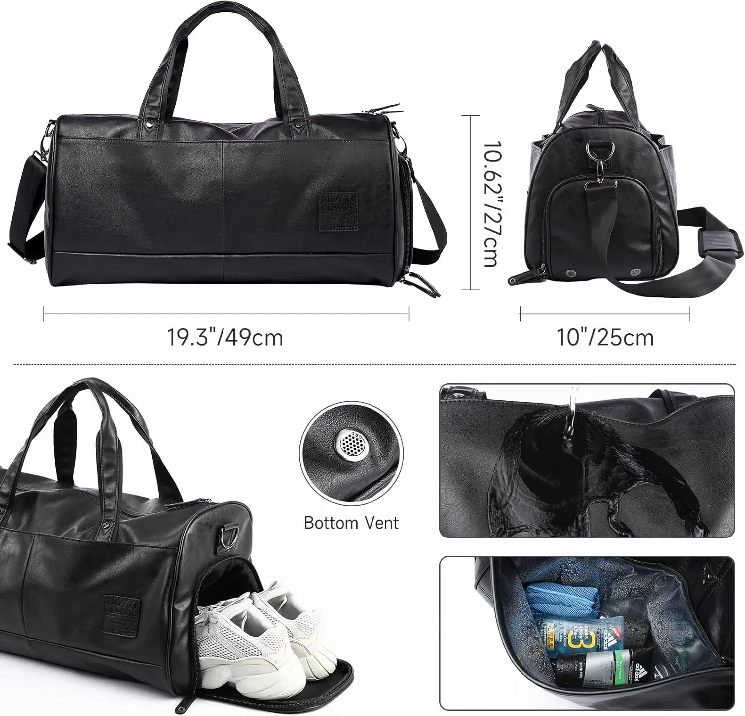 Black Leather Duffle Travel Gym Bag Men's leather Bag with Shoe Compartment for Sports with Adjustable Shoulder Strap, Weekender Travel Overnight Bag for Men Women Black