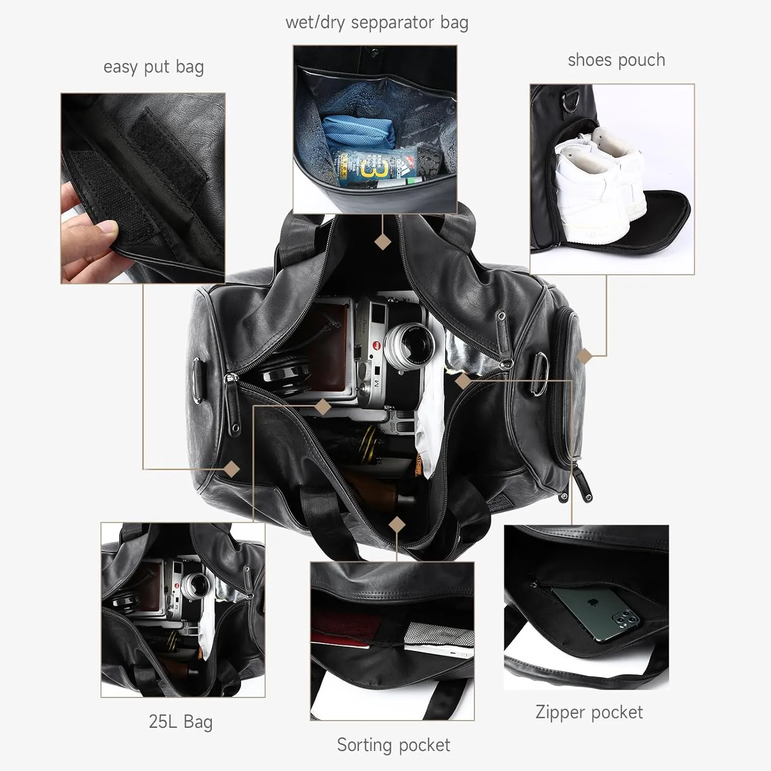Black Leather Duffle Travel Gym Bag Men's leather Bag with Shoe Compartment for Sports with Adjustable Shoulder Strap, Weekender Travel Overnight Bag for Men Women Black