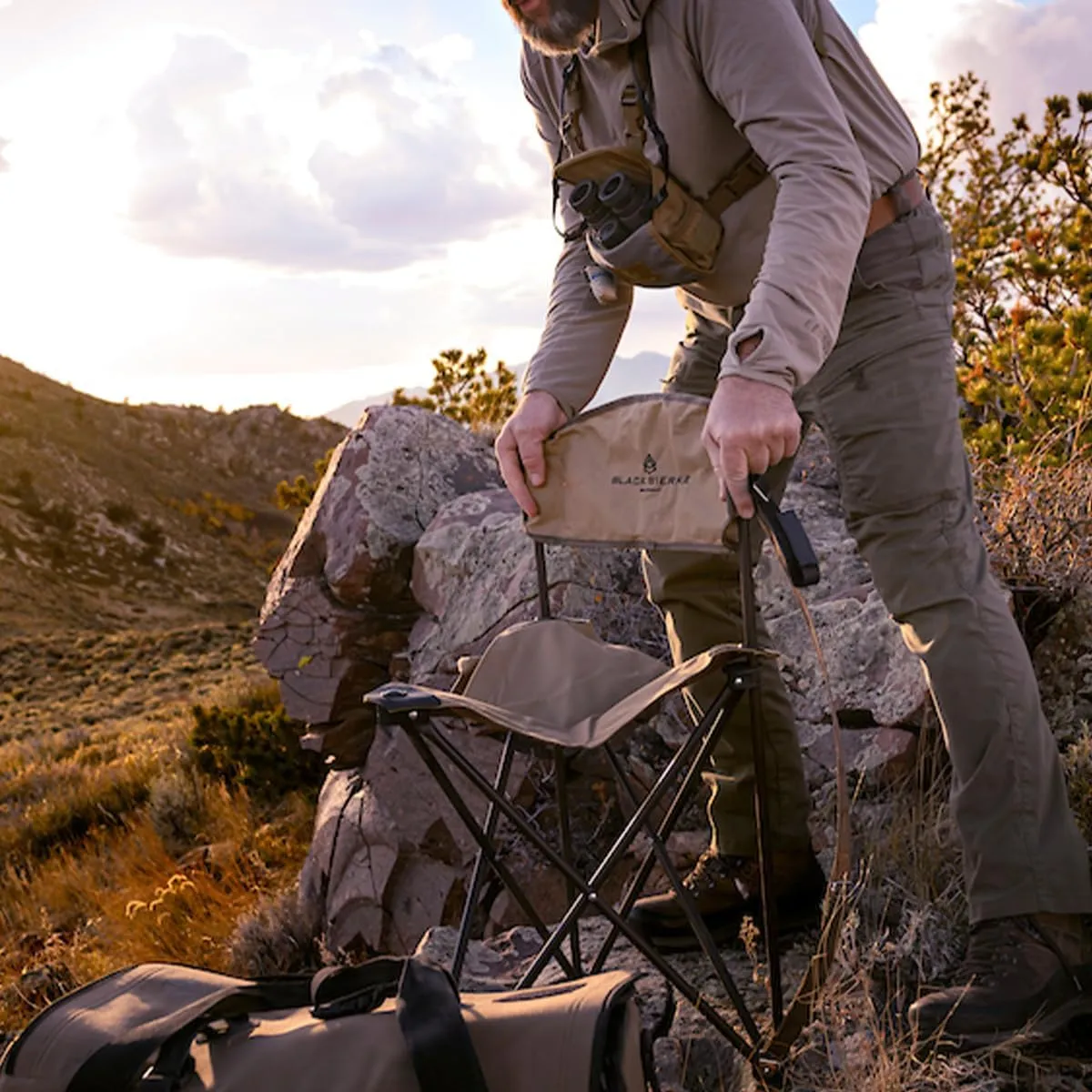 Black Sierra Elevation Tri-Pod Stool with Backrest, Lightweight, Folding Chair, for Camping, Hunting, and Fishing, Steel Frame Supports 225 LBS
