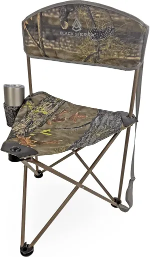 Black Sierra Elevation Tri-Pod Stool with Backrest, Lightweight, Folding Chair, for Camping, Hunting, and Fishing, Steel Frame Supports 225 LBS