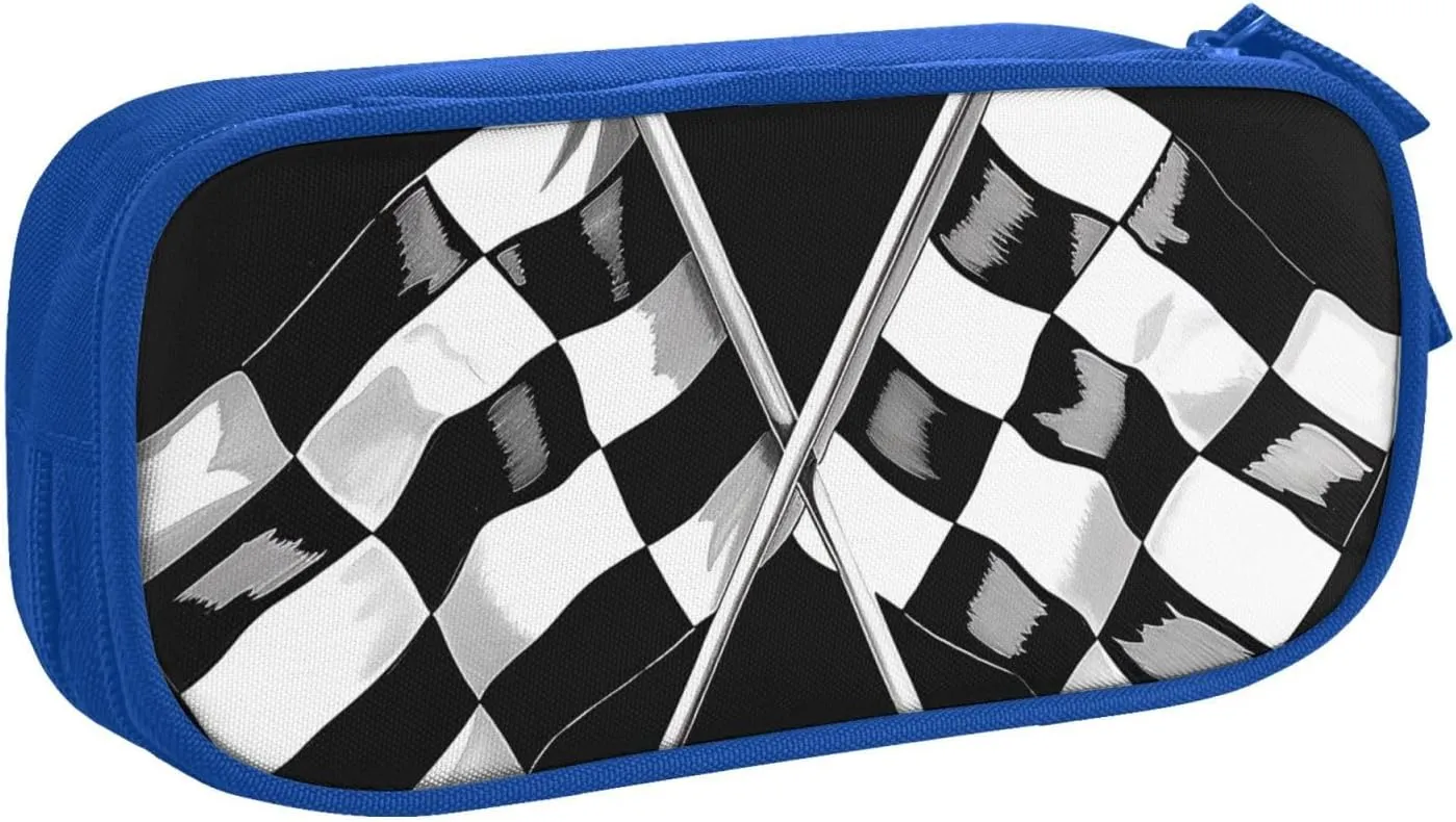 Black White Formula Checkered Flags Pattern Printed Pencil Case - Large-Capacity Stationery Bag Pen Pouch Holder with Zipper for School Travel Office,, Blue, One Size, Make-Up Pouch