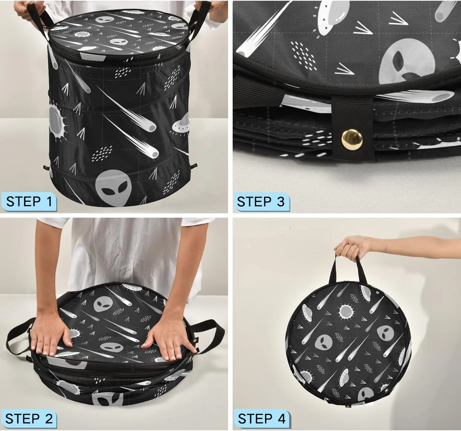Black White Pattern Alien, Comet, Star, Sun, Wars on Dark Pop Up Laundry Hamper, Collapsible Dirty Clothes Basket with Zipper Lid, Storage Bag Washing Bin for Room College Dorm Travel