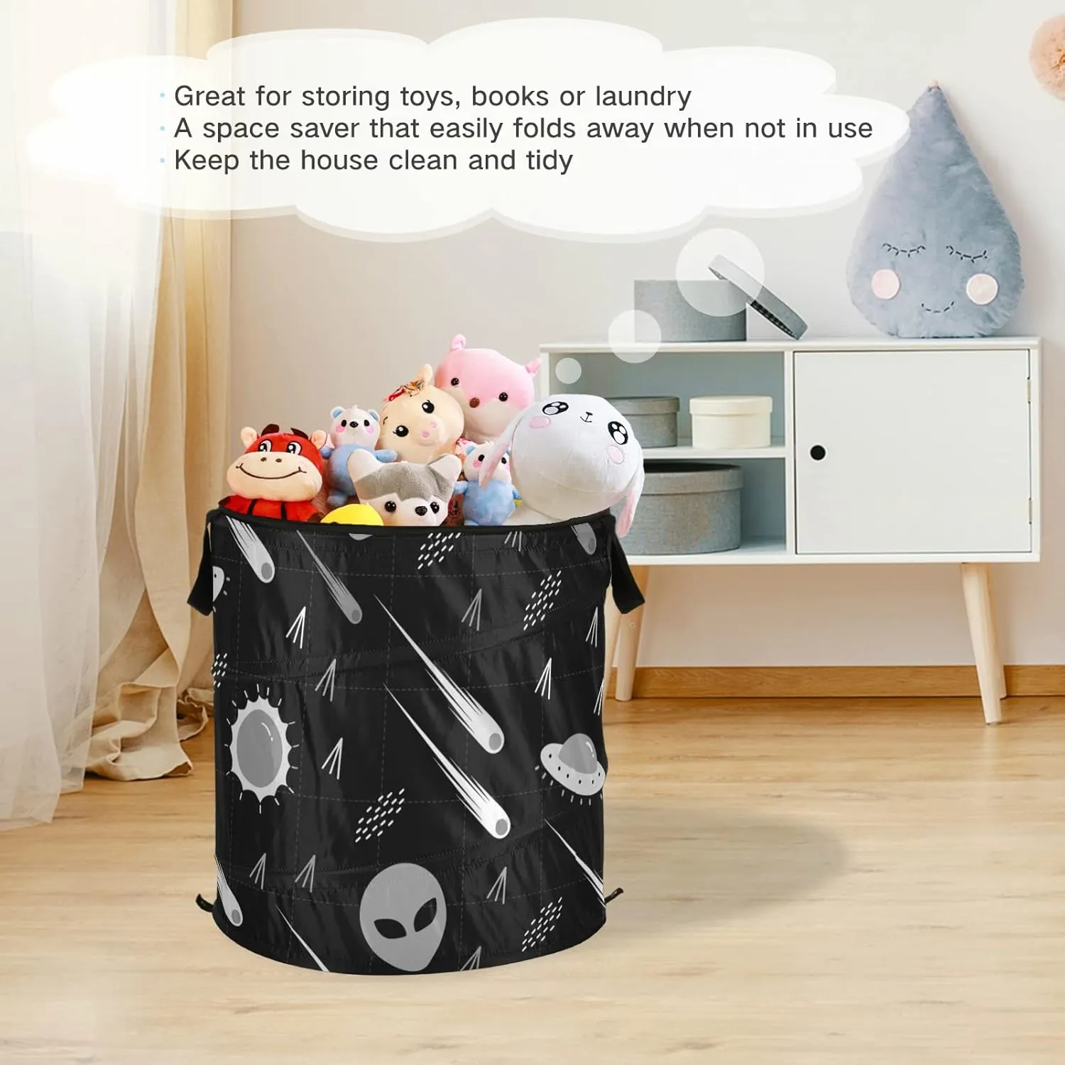 Black White Pattern Alien, Comet, Star, Sun, Wars on Dark Pop Up Laundry Hamper, Collapsible Dirty Clothes Basket with Zipper Lid, Storage Bag Washing Bin for Room College Dorm Travel