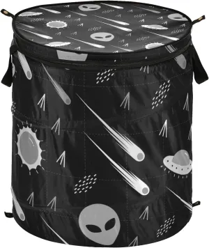 Black White Pattern Alien, Comet, Star, Sun, Wars on Dark Pop Up Laundry Hamper, Collapsible Dirty Clothes Basket with Zipper Lid, Storage Bag Washing Bin for Room College Dorm Travel
