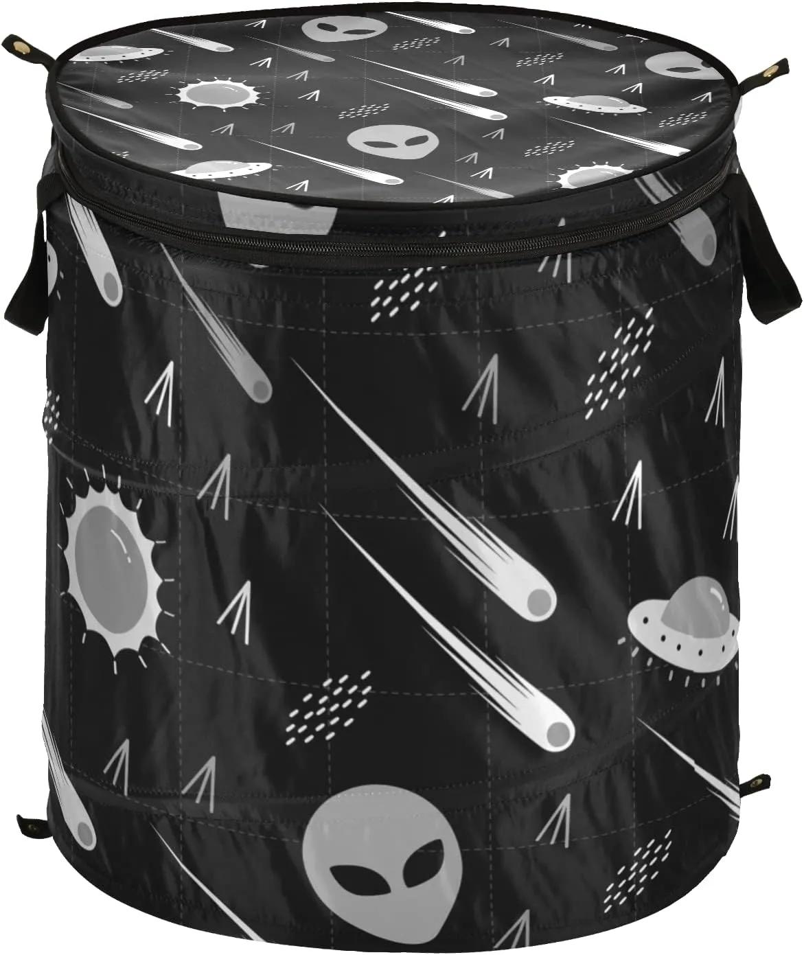 Black White Pattern Alien, Comet, Star, Sun, Wars on Dark Pop Up Laundry Hamper, Collapsible Dirty Clothes Basket with Zipper Lid, Storage Bag Washing Bin for Room College Dorm Travel
