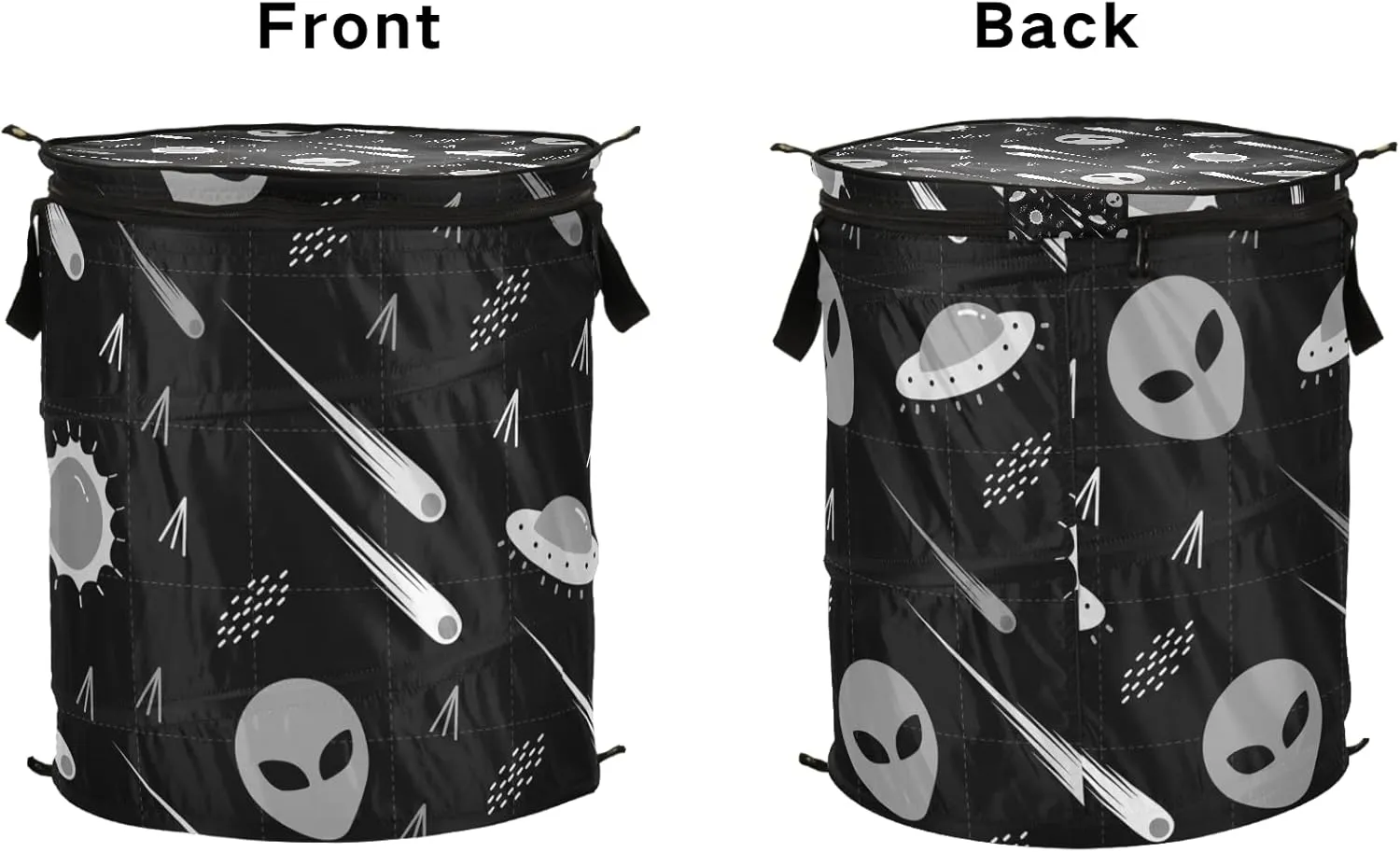 Black White Pattern Alien, Comet, Star, Sun, Wars on Dark Pop Up Laundry Hamper, Collapsible Dirty Clothes Basket with Zipper Lid, Storage Bag Washing Bin for Room College Dorm Travel