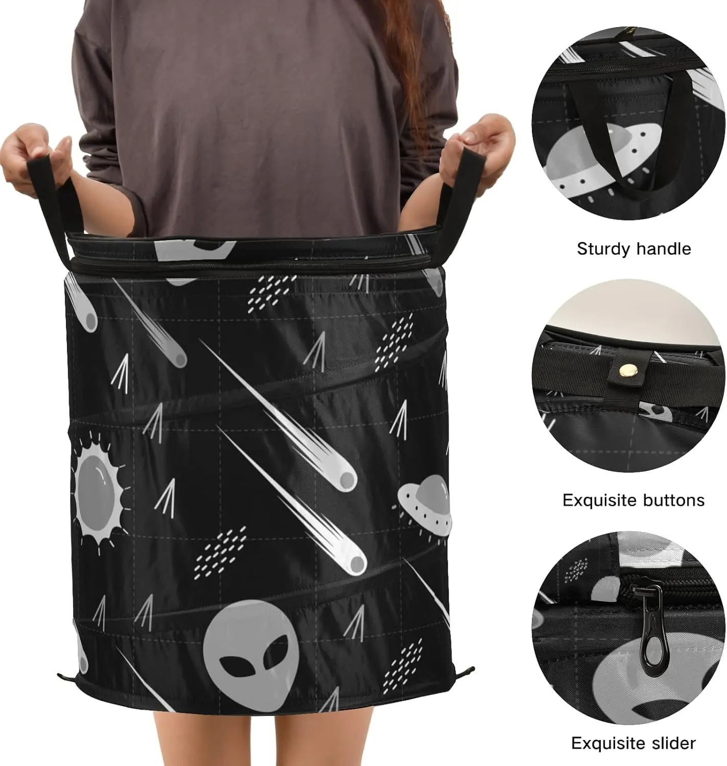 Black White Pattern Alien, Comet, Star, Sun, Wars on Dark Pop Up Laundry Hamper, Collapsible Dirty Clothes Basket with Zipper Lid, Storage Bag Washing Bin for Room College Dorm Travel