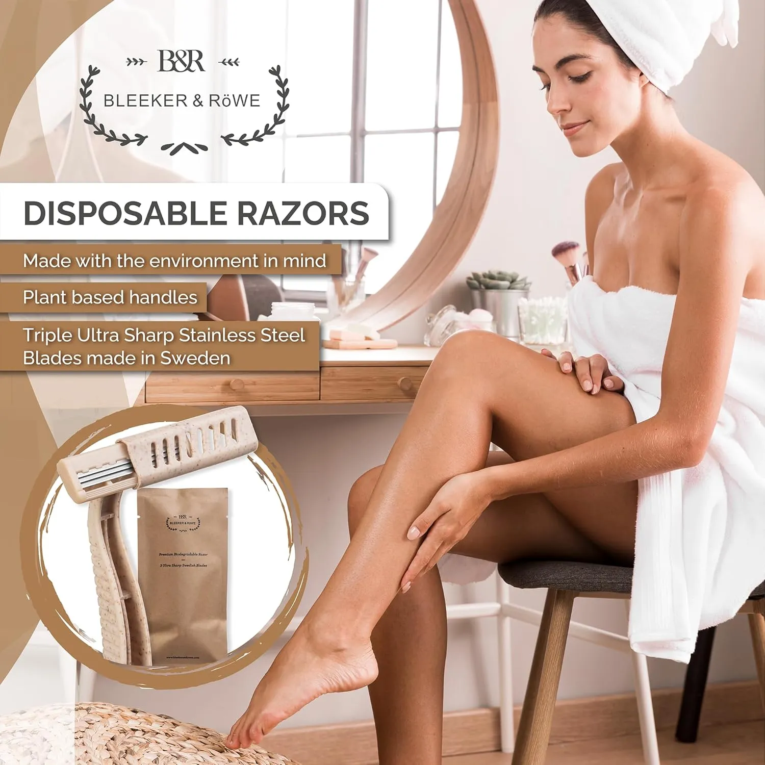 Bleeker and Rowe Eco Friendly Biodegradable Disposable Razors - Plant Based - Triple Swedish Steel Blades - Individually Wrapped (10)