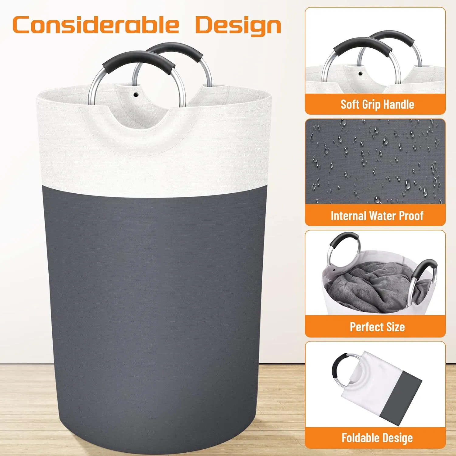 BlissTotes 115L Laundry Basket, Freestanding Laundry Hamper, Collapsible Dirty Clothes Hamper, Waterproof Fabric with Foam Protected Aluminum Handles for College, Dorm, Family (Grey)