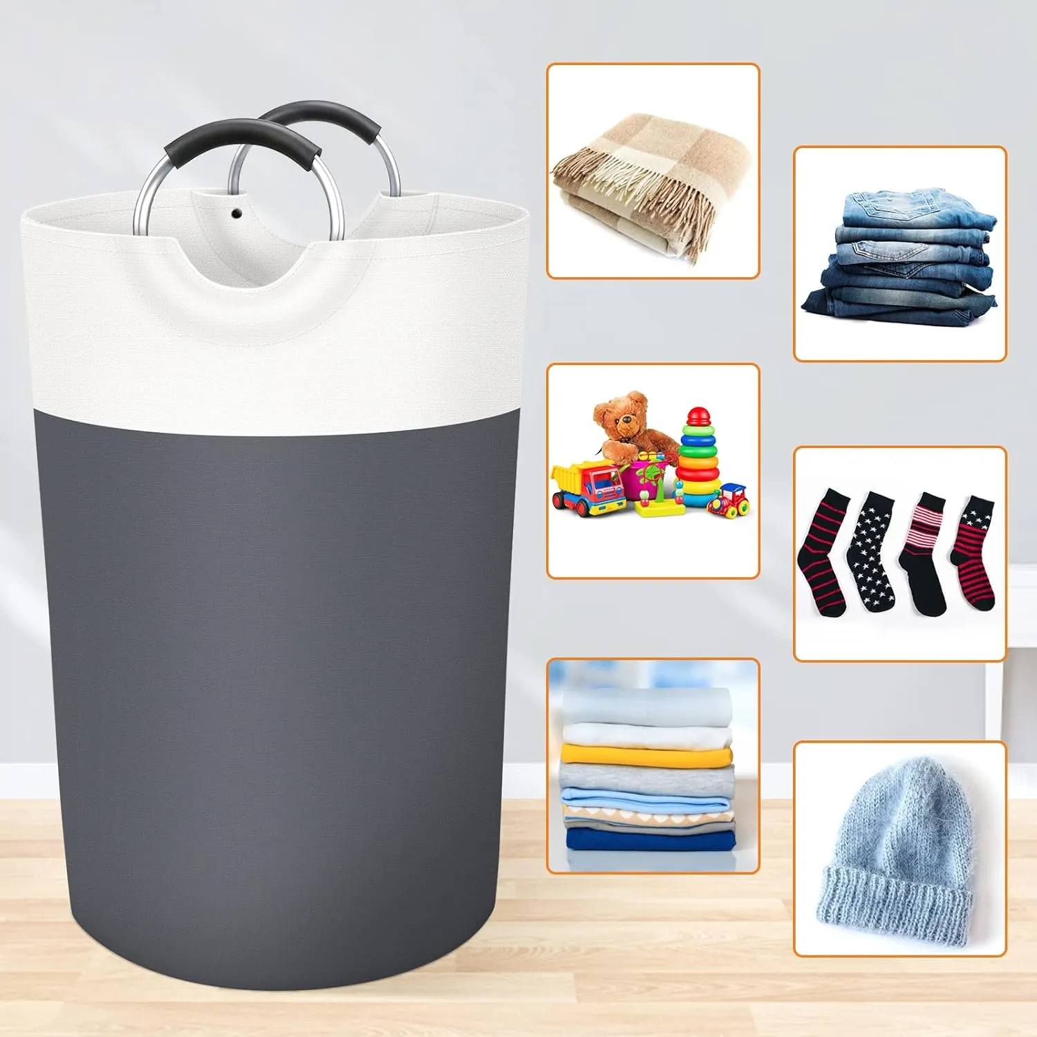 BlissTotes 115L Laundry Basket, Freestanding Laundry Hamper, Collapsible Dirty Clothes Hamper, Waterproof Fabric with Foam Protected Aluminum Handles for College, Dorm, Family (Grey)