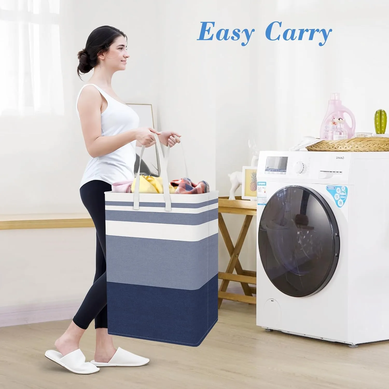 BlissTotes 3-Pack Laundry Basket, Freestanding＆Waterproof Laundry Hamper, Collapsible Tall Clothes Hamper with Easy Carry Handles for Clothes, Towels in the Family and Dorm,Gradient Blue,100L