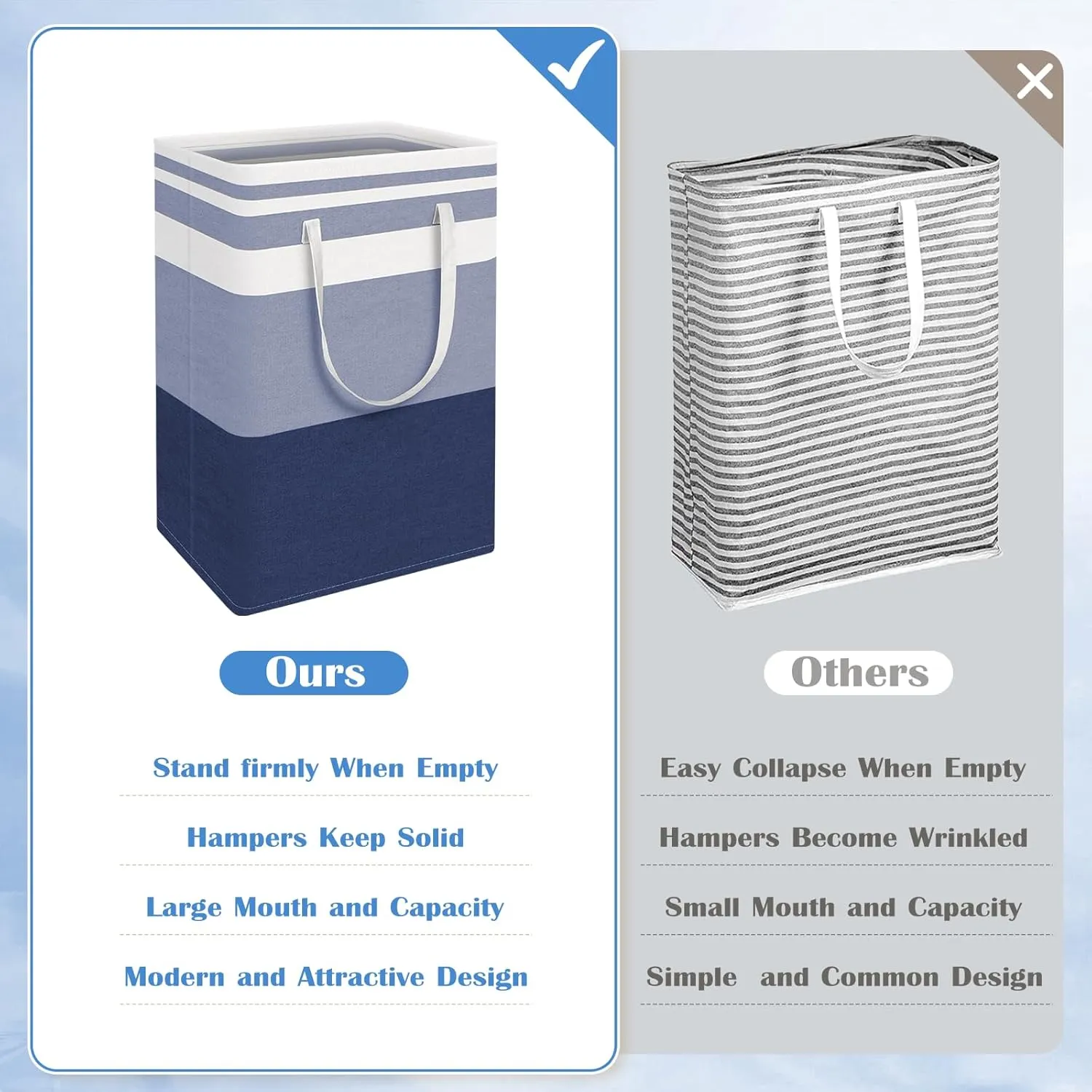 BlissTotes 3-Pack Laundry Basket, Freestanding＆Waterproof Laundry Hamper, Collapsible Tall Clothes Hamper with Easy Carry Handles for Clothes, Towels in the Family and Dorm,Gradient Blue,100L