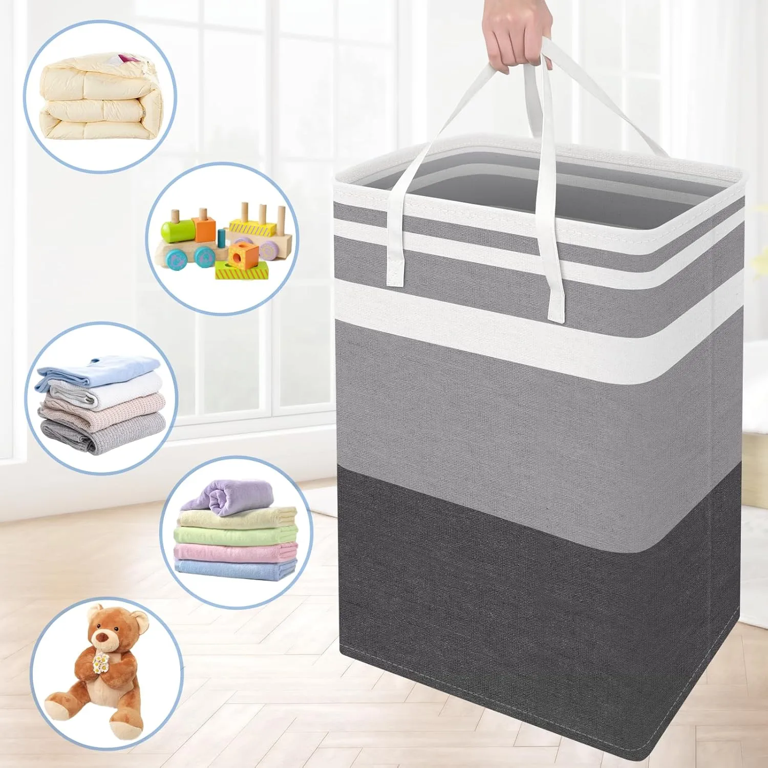 BlissTotes 3-Pack Laundry Basket, Freestanding＆Waterproof Laundry Hamper, Collapsible Tall Clothes Hamper with Easy Carry Handles for Clothes, Towels in the Family and Dorm,Gradient Grey,75L