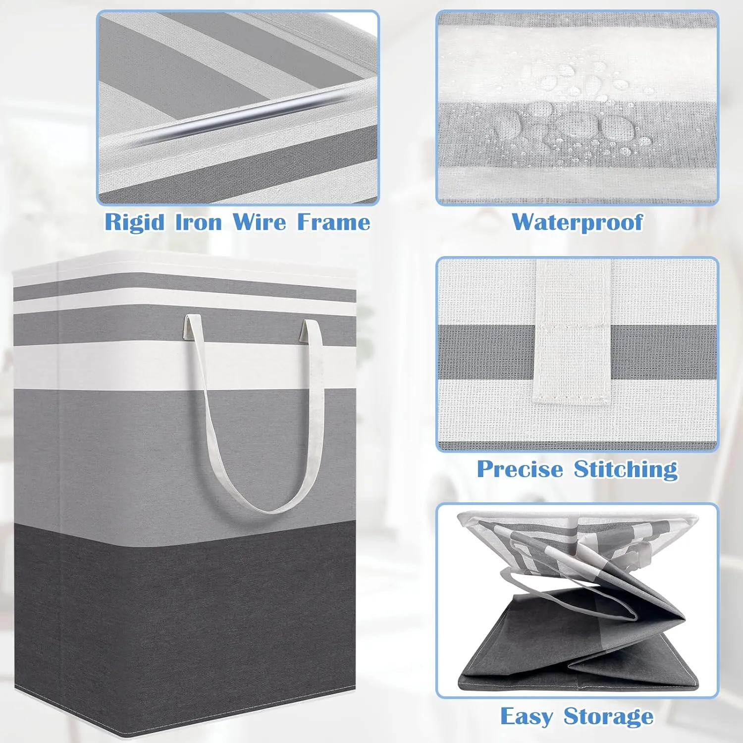 BlissTotes 3-Pack Laundry Basket, Freestanding＆Waterproof Laundry Hamper, Collapsible Tall Clothes Hamper with Easy Carry Handles for Clothes, Towels in the Family and Dorm,Gradient Grey,75L