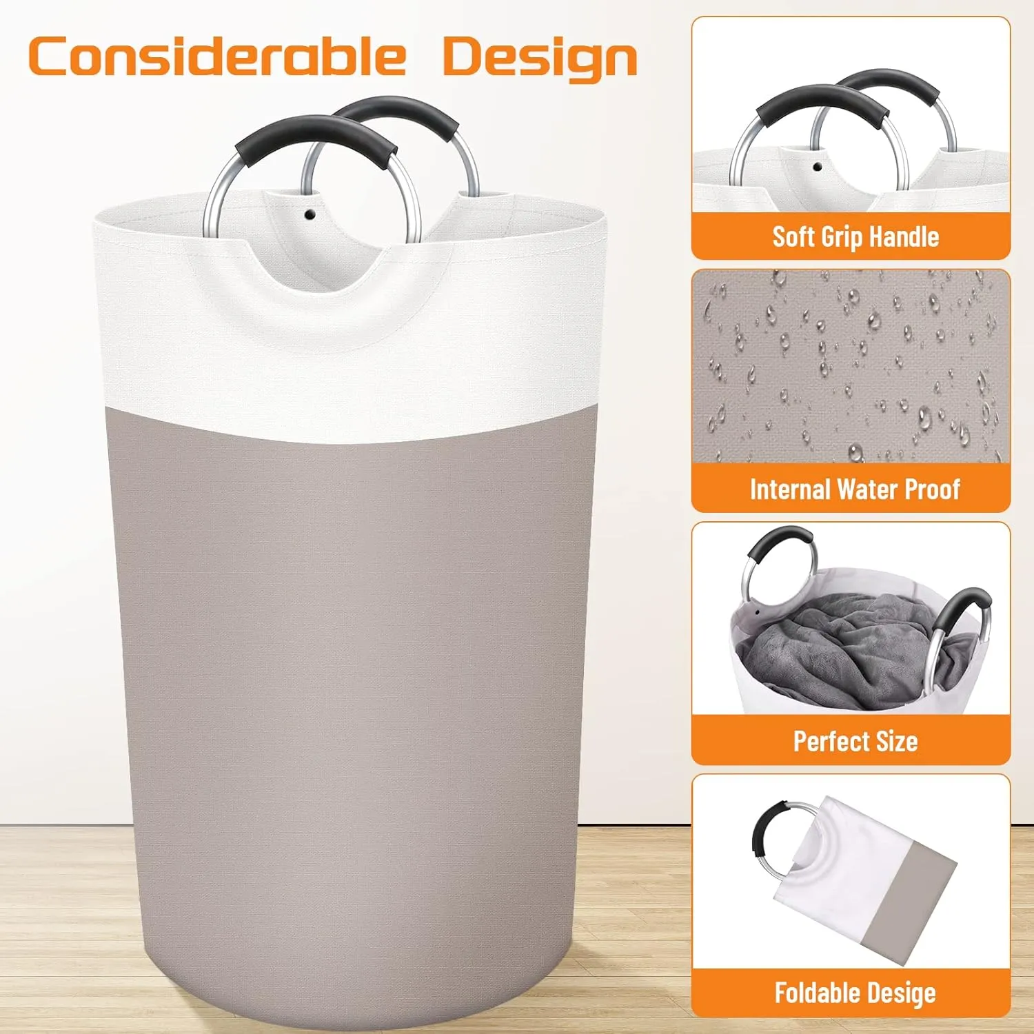 BlissTotes 90L Laundry Basket, Freestanding Laundry Hamper, Collapsible Dirty Clothes Hamper, Waterproof Fabric with Foam Protected Aluminum Handles for College, Dorm, Family (Brown)
