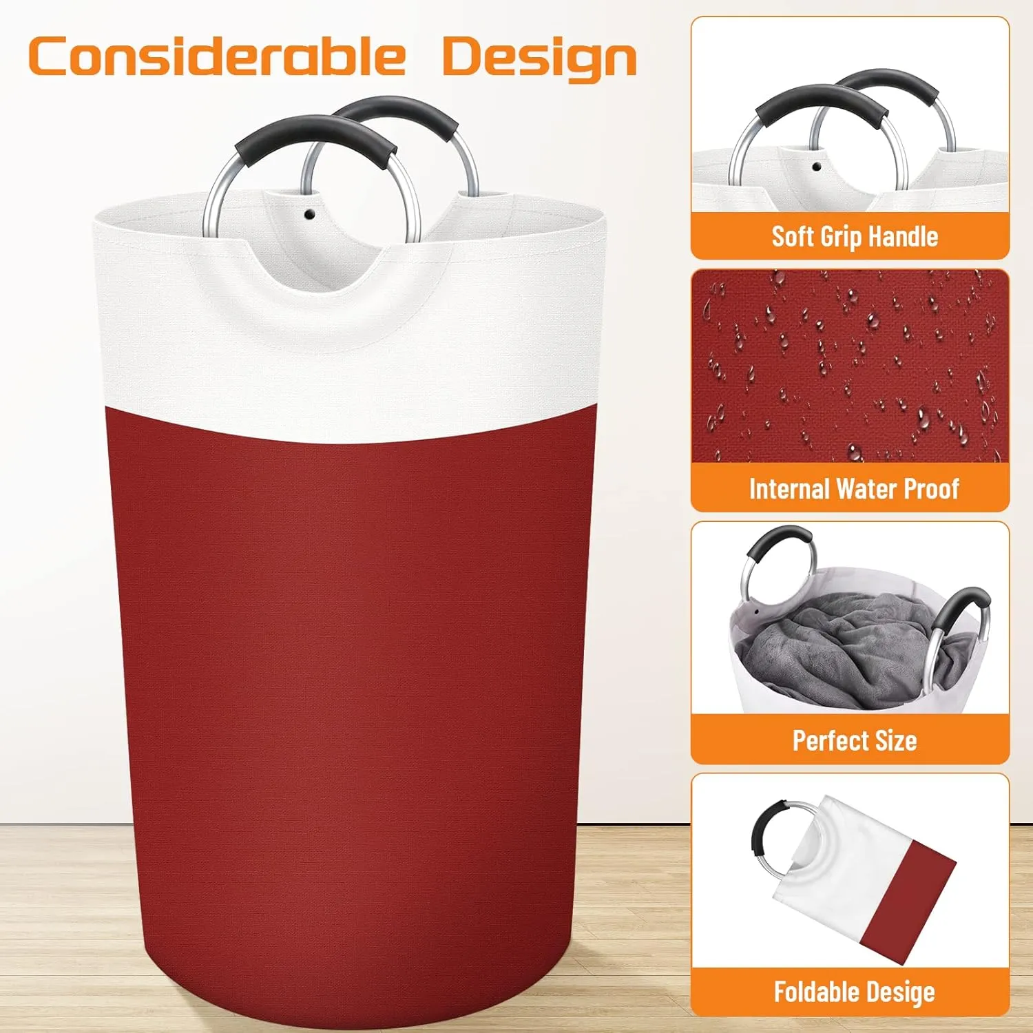 BlissTotes 90L Laundry Basket, Freestanding Laundry Hamper, Collapsible Dirty Clothes Hamper, Waterproof Fabric with Foam Protected Aluminum Handles for College, Dorm, Family (Red)