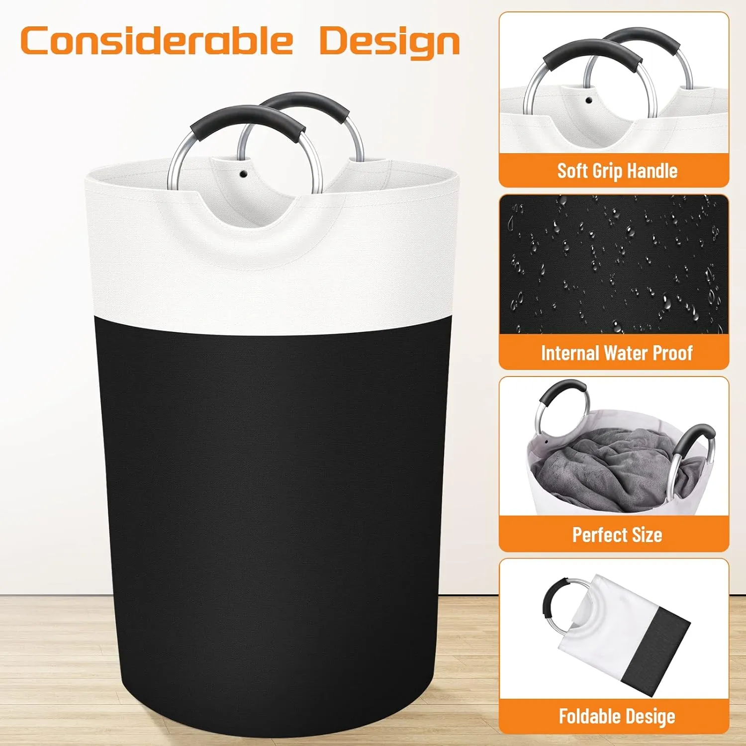BlissTotes Laundry Basket, Laundry Hamper, Collapsible Laundry Baskets, Dirty Clothes Hamper, Waterproof Laundry Basket with Foam Protected Aluminum Handles for College Dorm, Family 115L (Black)