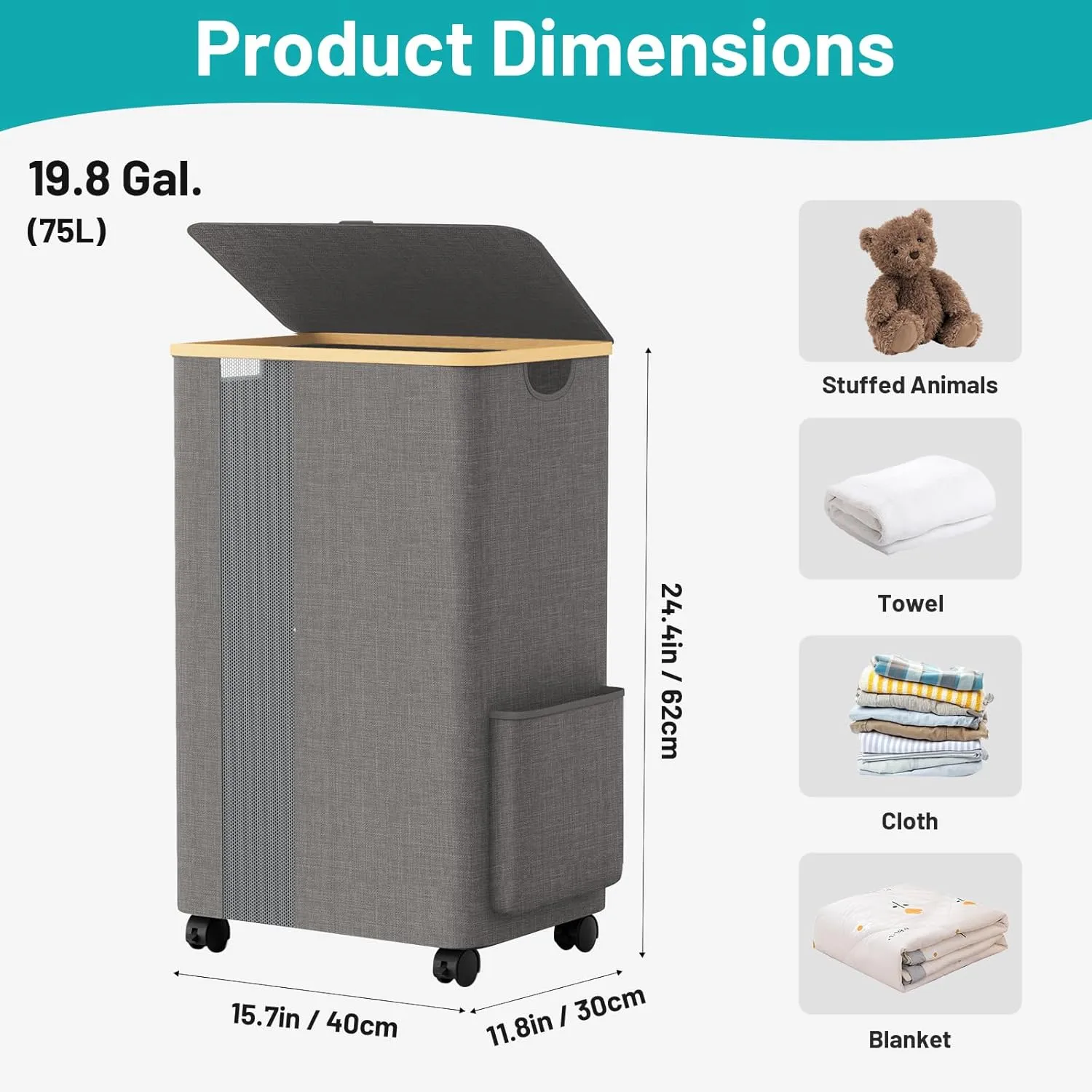 BlissTotes Laundry Basket Laundry Hamper with Lid, Collapsible Slim Laundry Hampers, Laundry Bin, Clothes Hamper Basket with Internal Support & Wheels & Handles for Bathroom, Bedroom (75L, Khaki)