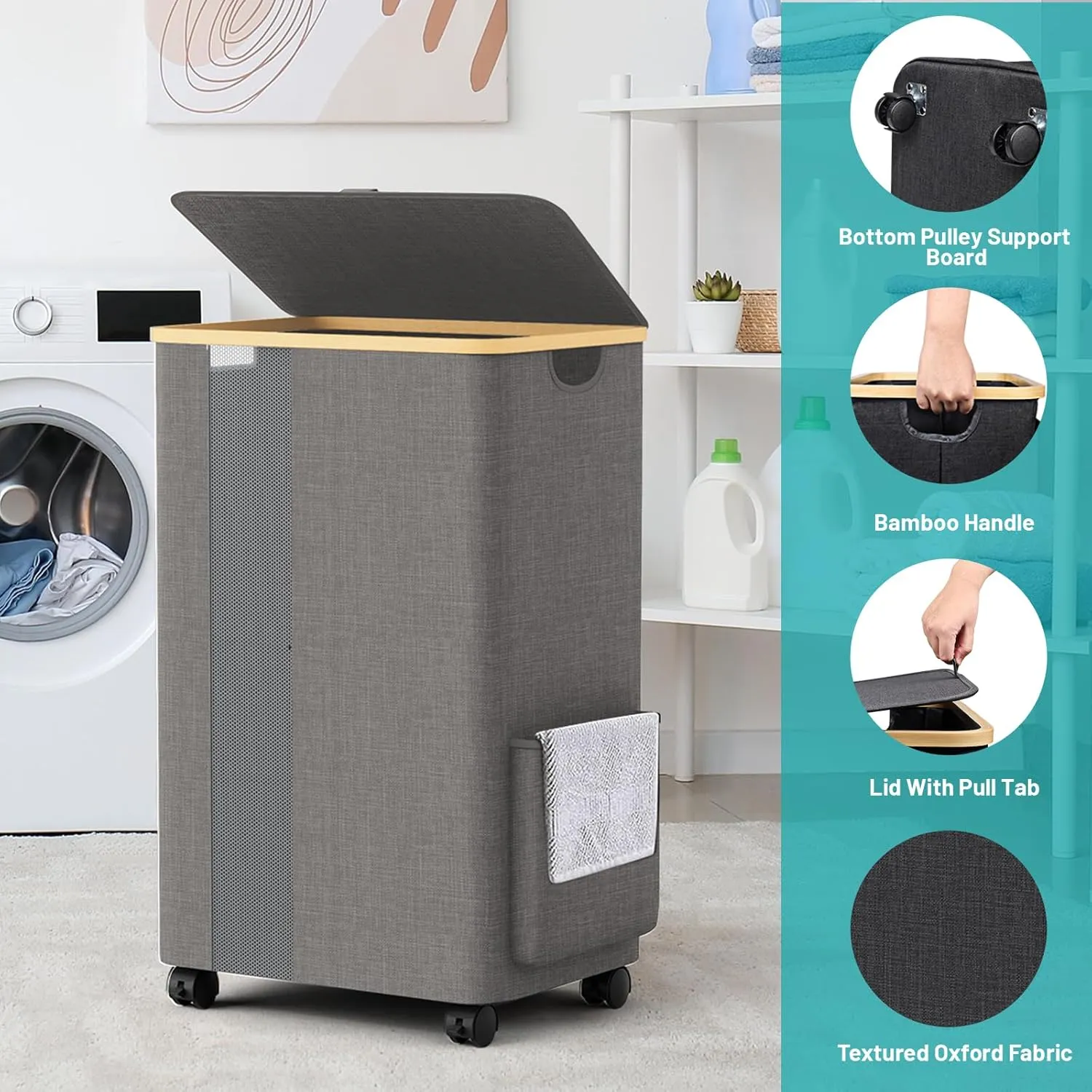 BlissTotes Laundry Basket Laundry Hamper with Lid, Collapsible Slim Laundry Hampers, Laundry Bin, Clothes Hamper Basket with Internal Support & Wheels & Handles for Bathroom, Bedroom (75L, Khaki)