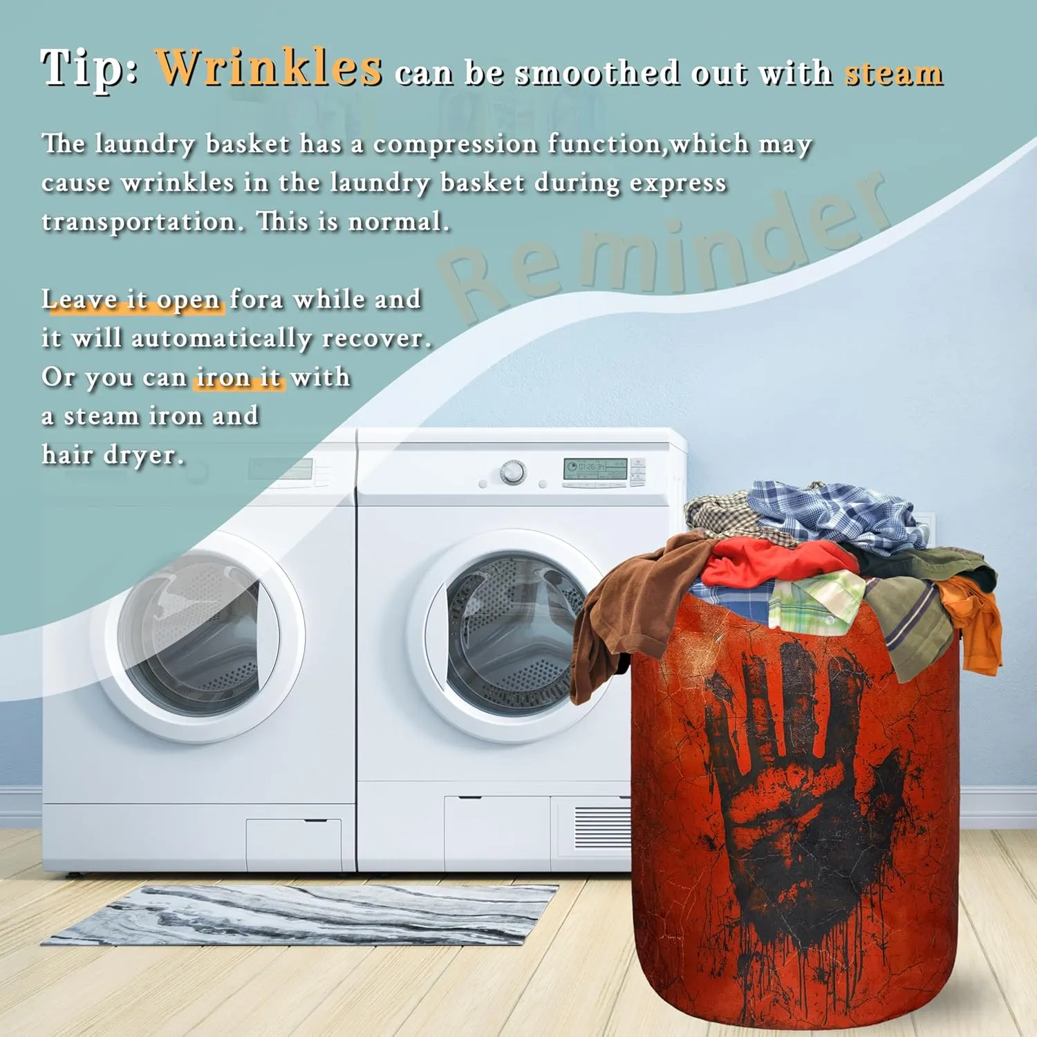 Blood Laundry Basket Foldable Blood Spatter Hand Print Laundry Hamper Oxford Cloth Funny Tote Bag Clothes Toy Storage Bucket For Bathroom/Laundry Storage/Bedroom 18.9 x 16.5 Inch